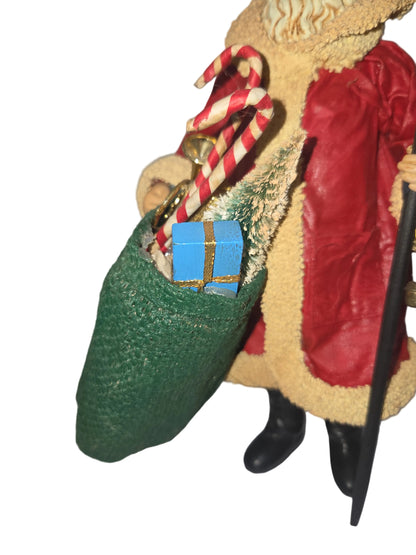 Vintage Santa Claus Kurt Adler Santa's World Paper-Fabric Mache Old World Santa Bag of Toys Staff 10"