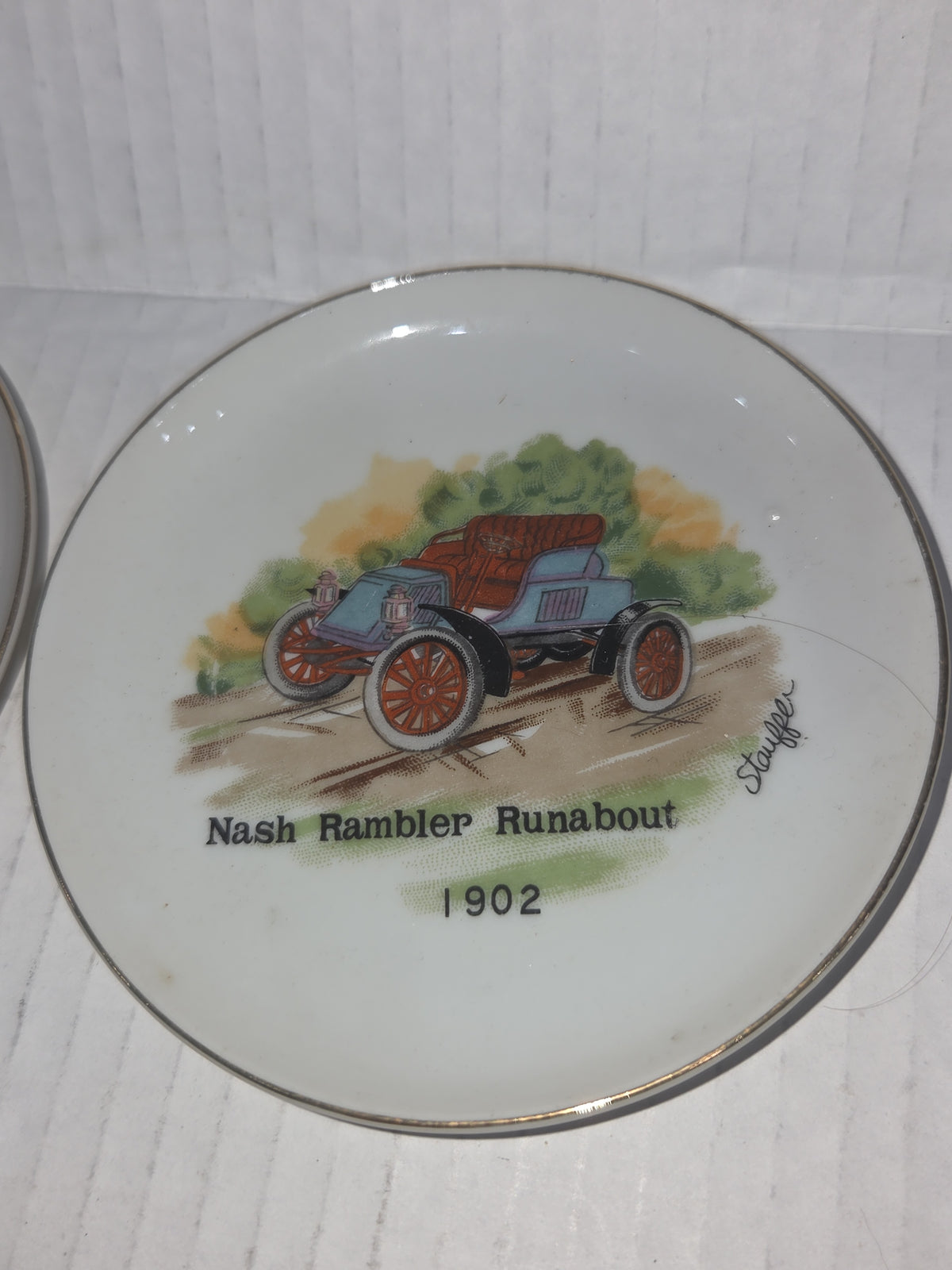 Vintage 4" Plates Set of 3 Arnart Creations Nash Rambler Runabout, Buick Touring Car, Oldsmobile Runabout Stauffer