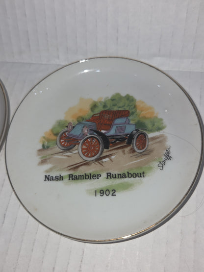 Vintage 4" Plates Set of 3 Arnart Creations Nash Rambler Runabout, Buick Touring Car, Oldsmobile Runabout Stauffer