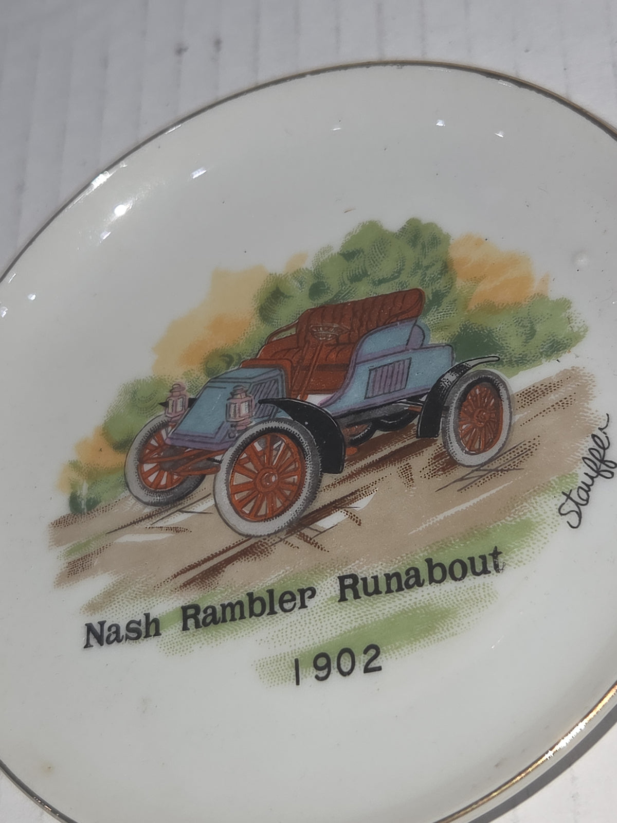 Vintage 4" Plates Set of 3 Arnart Creations Nash Rambler Runabout, Buick Touring Car, Oldsmobile Runabout Stauffer