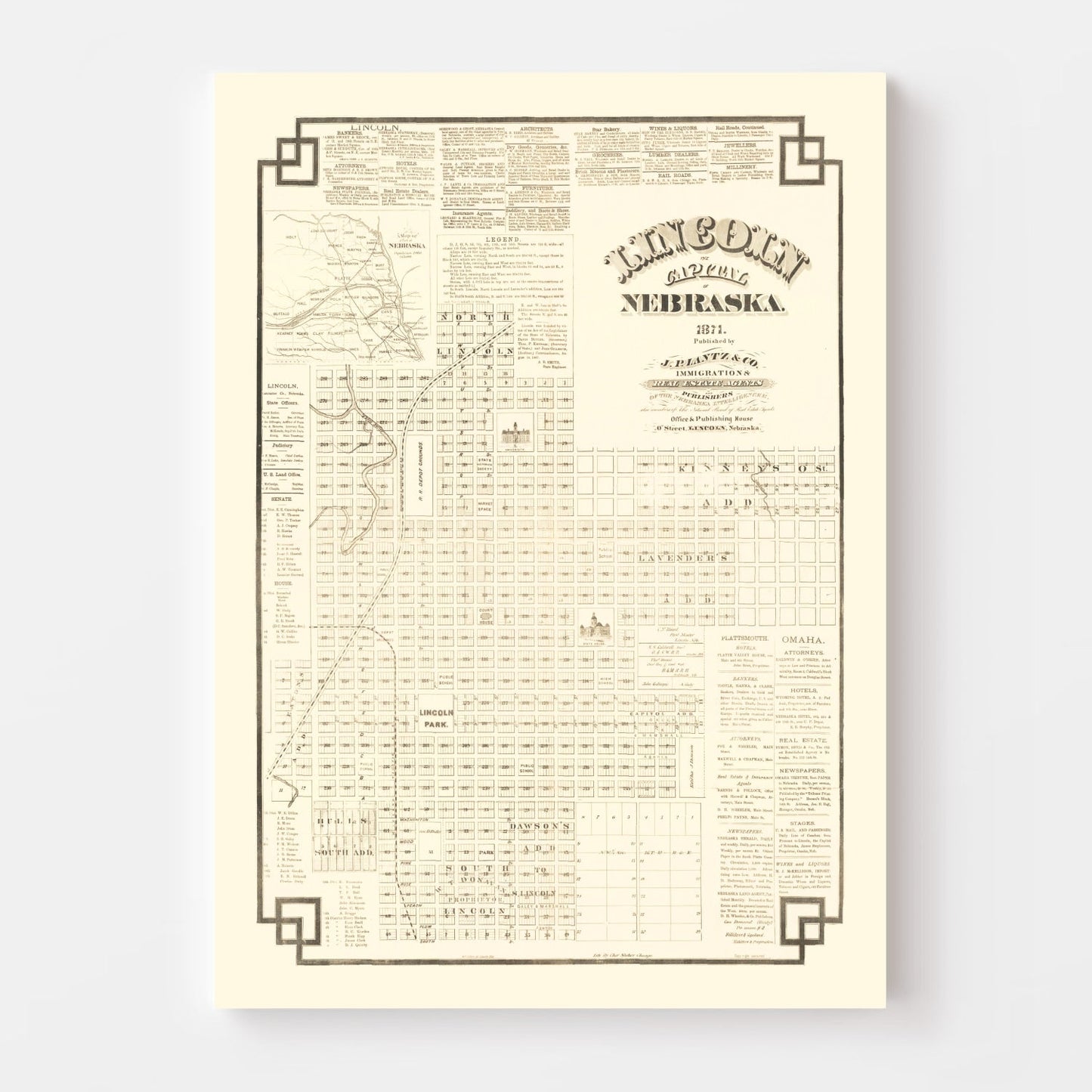 Vintage Map of Lincoln, Nebraska 1871 -Not available at Minden location-