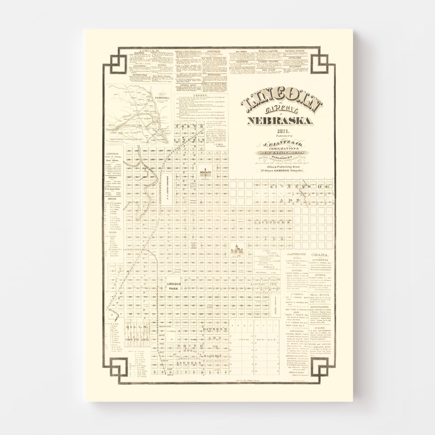 Vintage Map of Lincoln, Nebraska 1871 -Not available at Minden location-