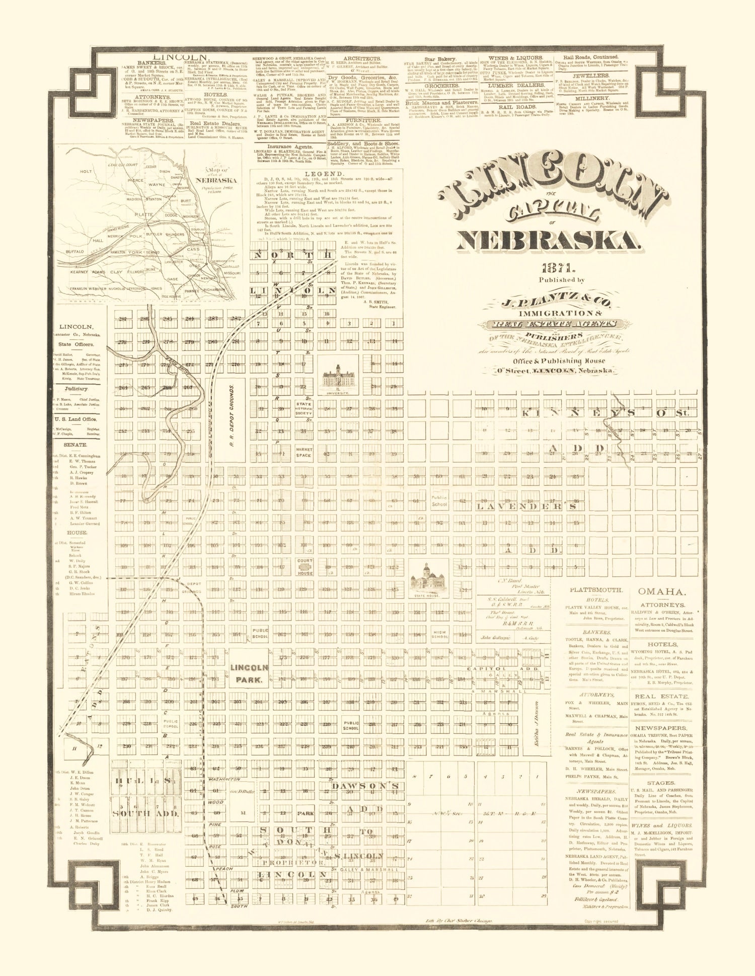 Vintage Map of Lincoln, Nebraska 1871 -Not available at Minden location-