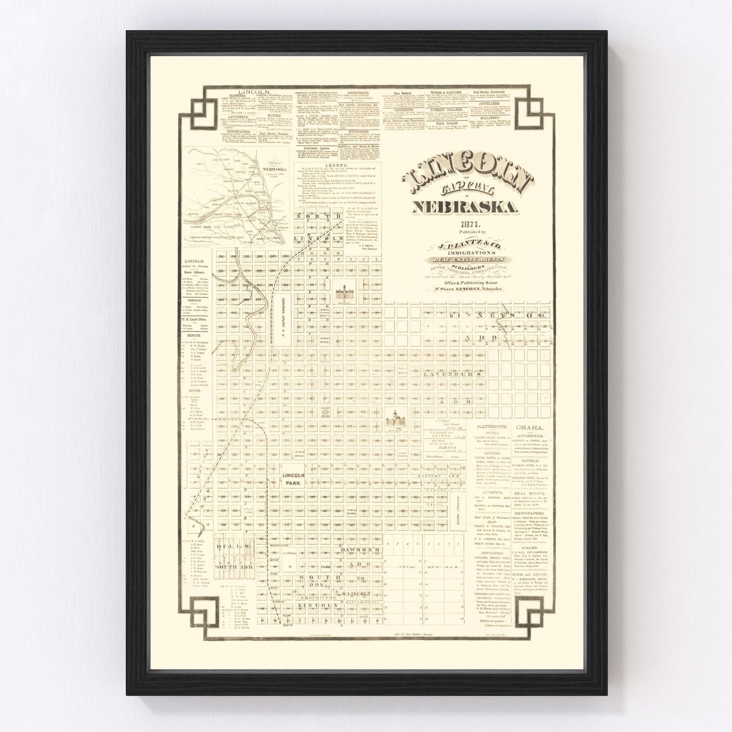 Vintage Map of Lincoln, Nebraska 1871 -Not available at Minden location-