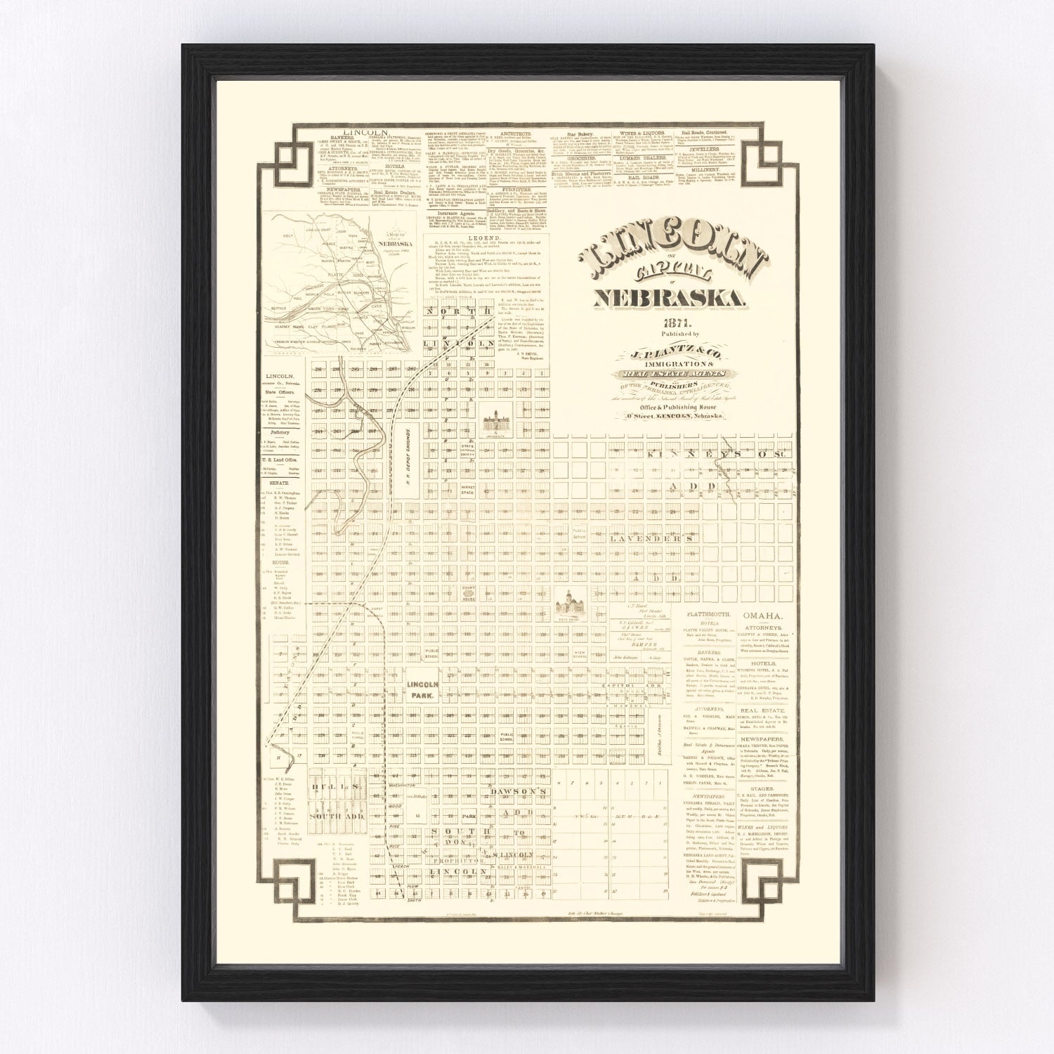 Vintage Map of Lincoln, Nebraska 1871 -Not available at Minden location-