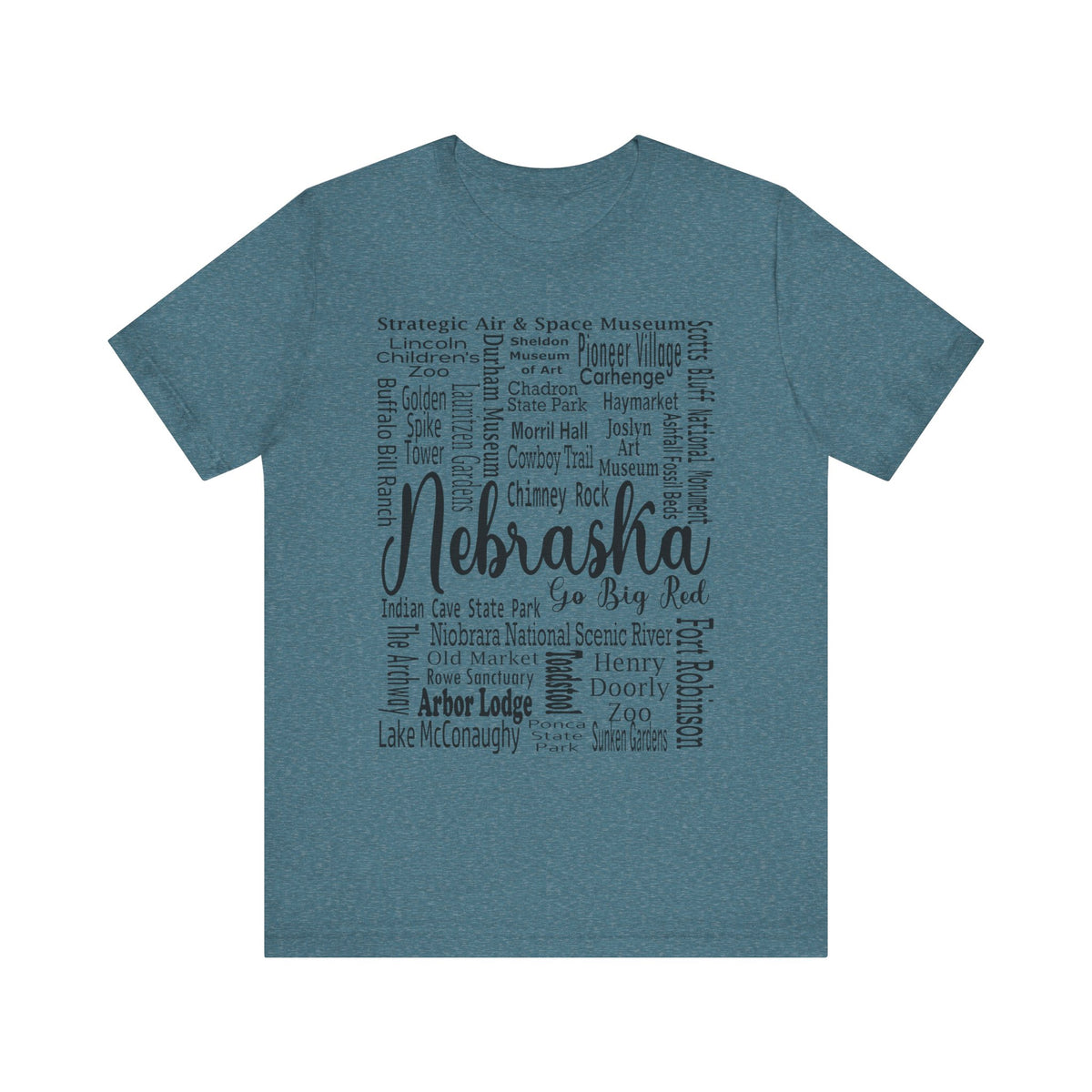 Nebraska Shirt – Landmarks Word Art Unisex Jersey Tee Heather Deep Teal