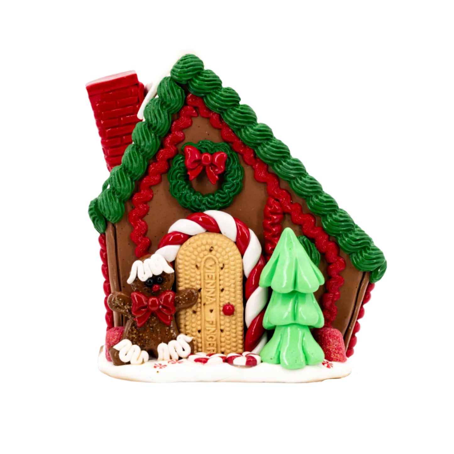 Large Gingerbread House | Slanted, White & Green Roof | Clay Art Originals