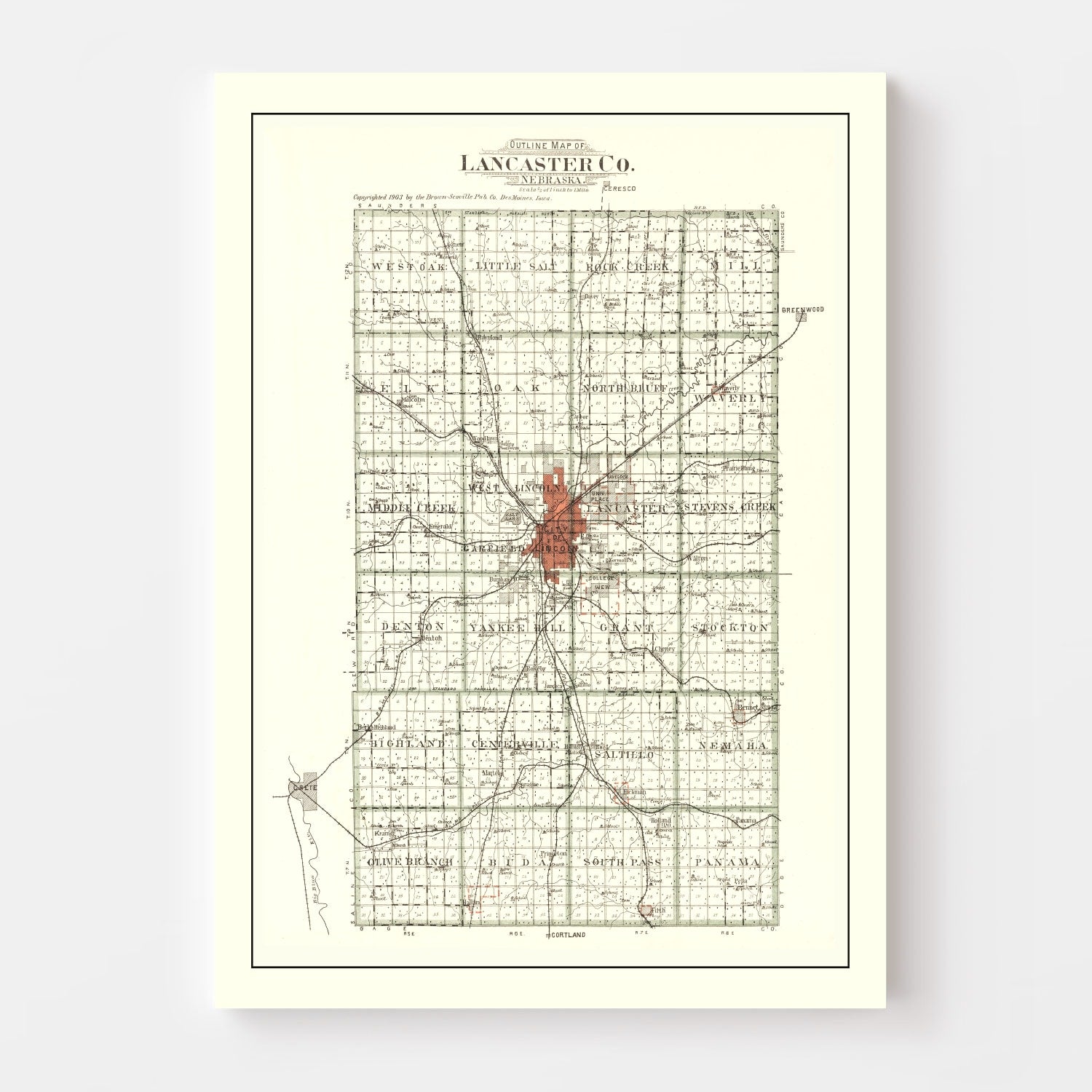 Vintage Map of Lancaster County, Nebraska 1903 -Not available at Minden location-