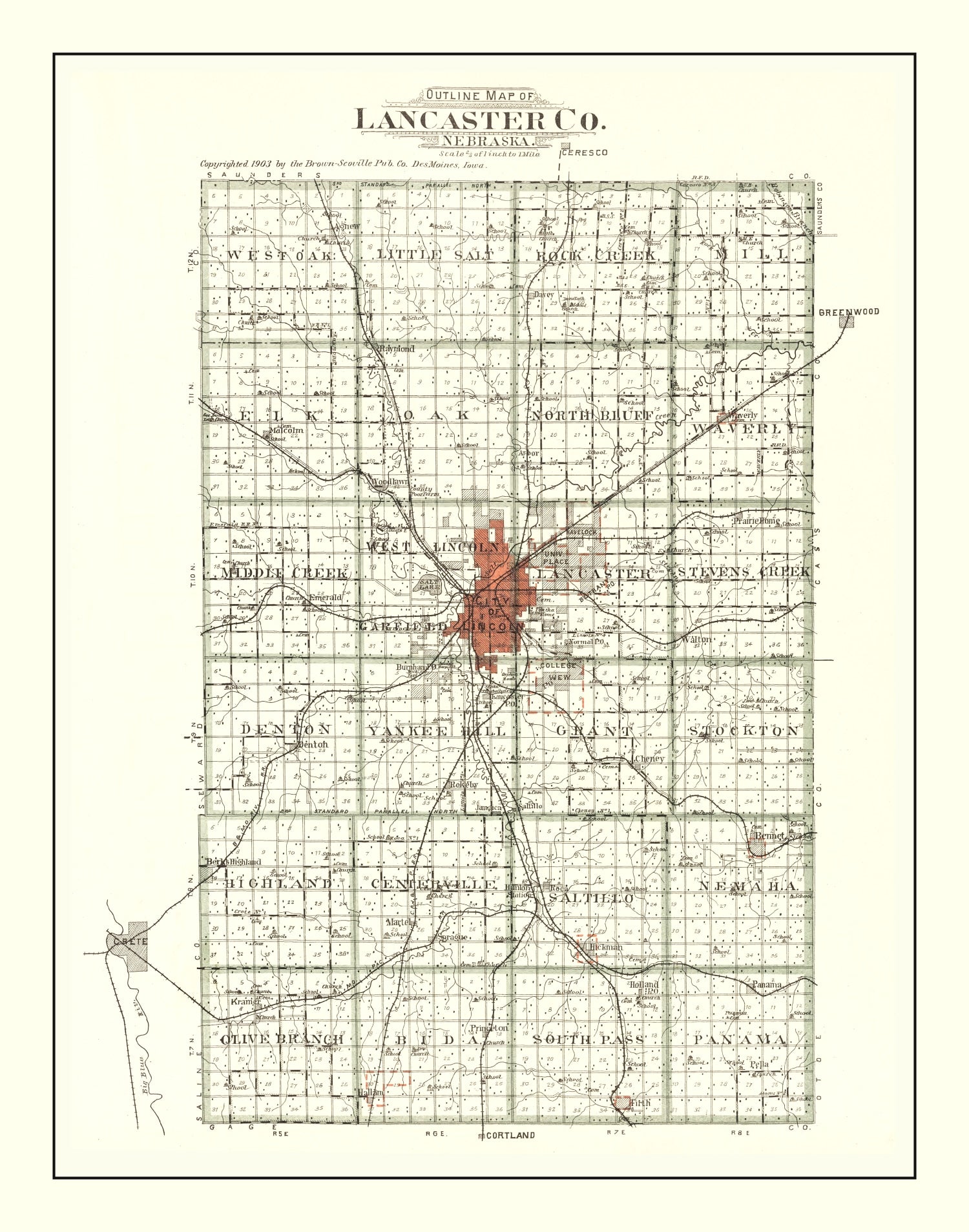 Vintage Map of Lancaster County, Nebraska 1903 -Not available at Minden location-