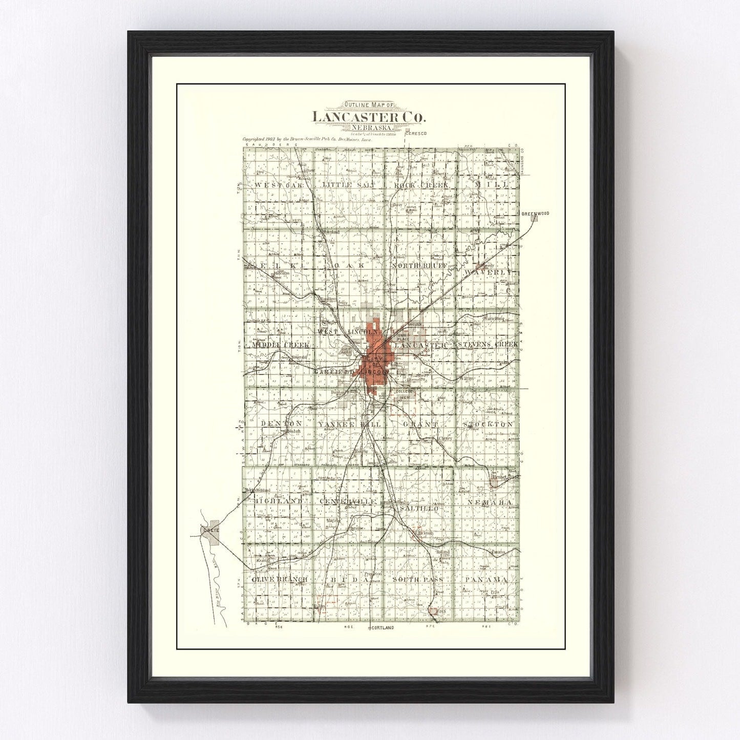 Vintage Map of Lancaster County, Nebraska 1903 -Not available at Minden location-