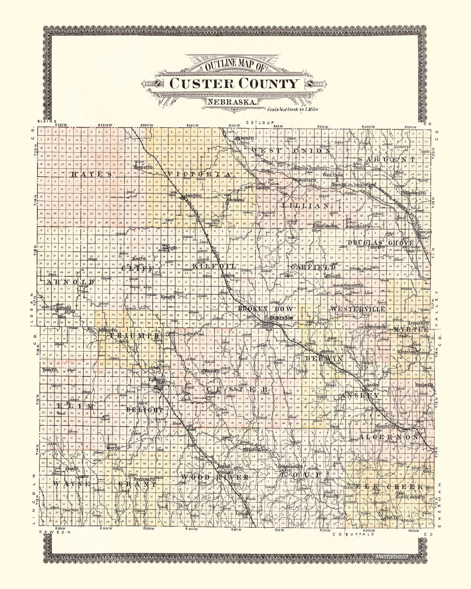 Vintage Map of Custer County, Nebraska 1904 -Not available at Minden location-