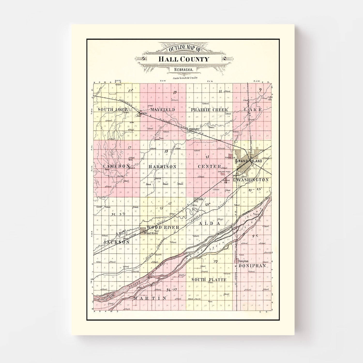 Vintage Map of Hall County, Nebraska 1904 -Not available at Minden location-