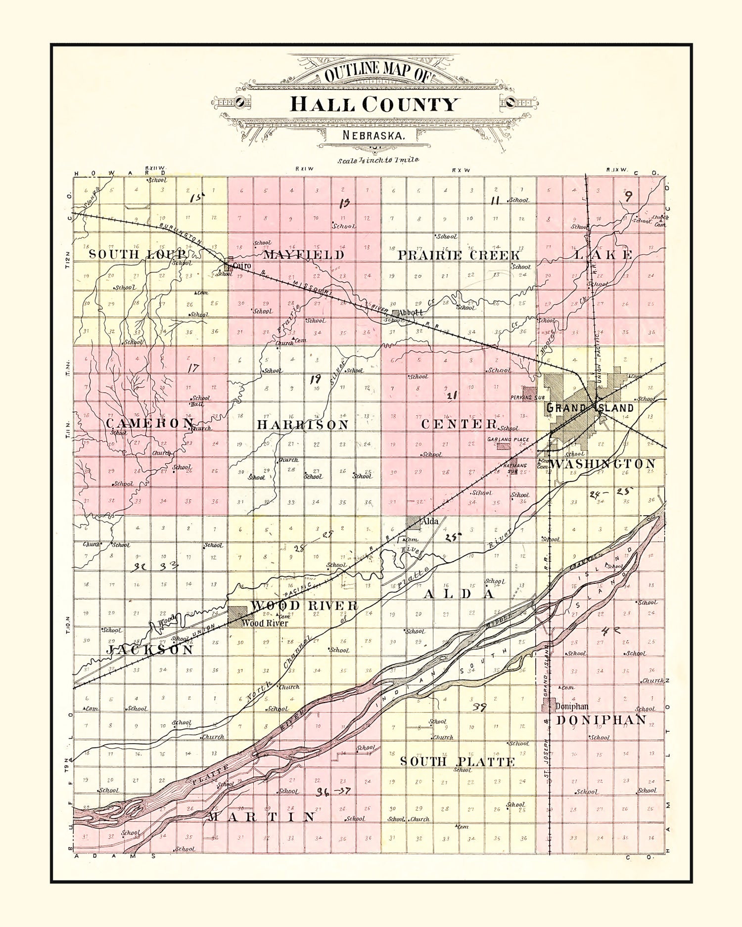Vintage Map of Hall County, Nebraska 1904 -Not available at Minden location-