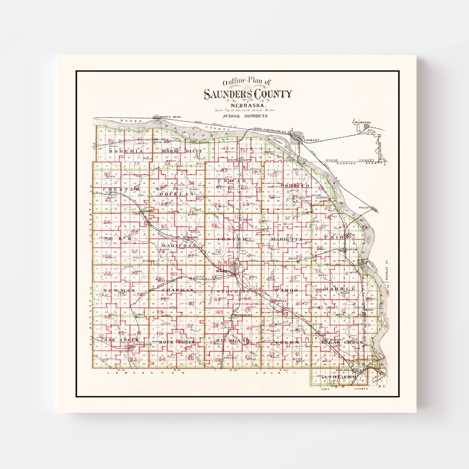 Vintage Map of Saunders County, Nebraska 1907 -Not available at Minden location-