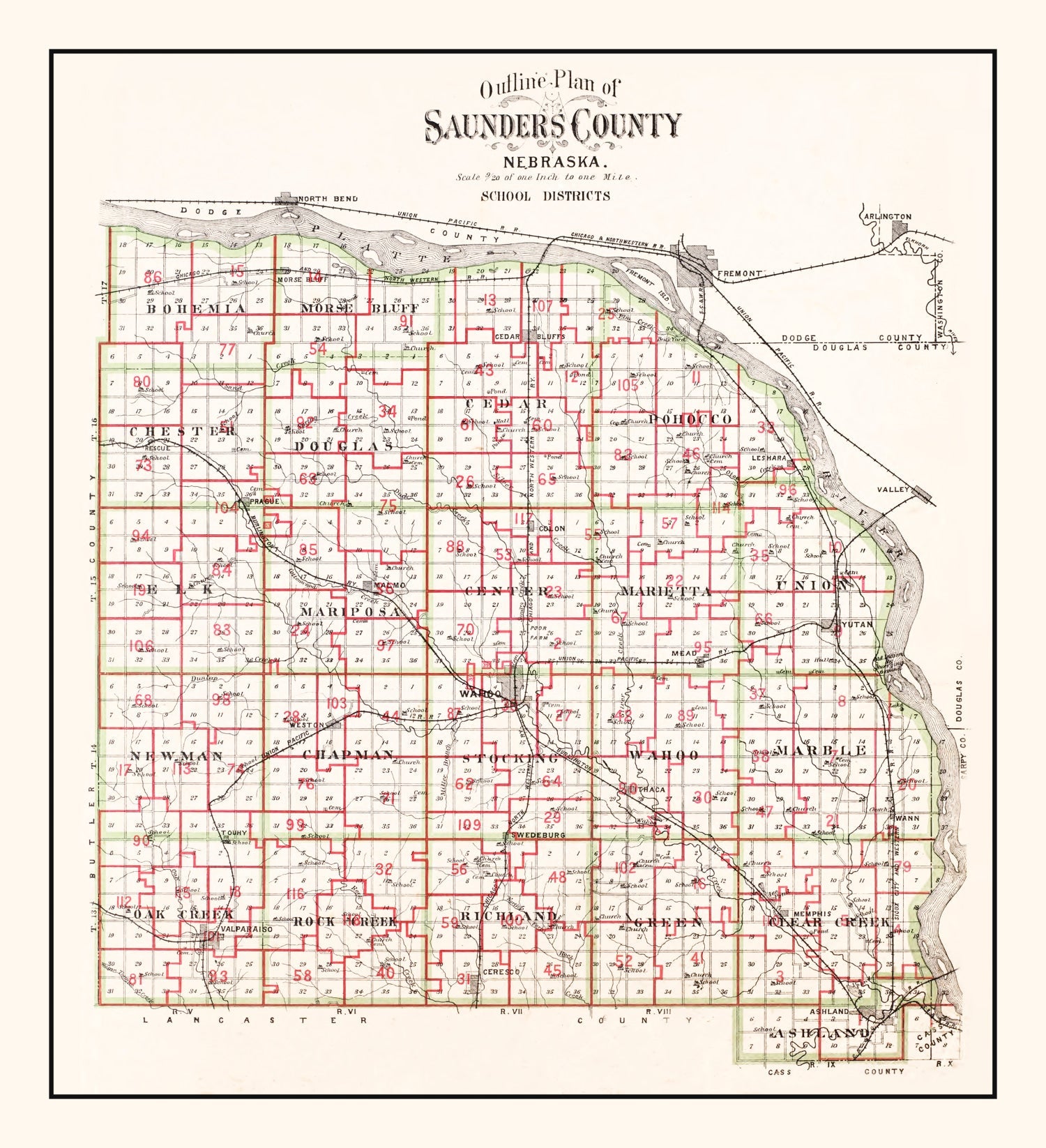 Vintage Map of Saunders County, Nebraska 1907 -Not available at Minden location-