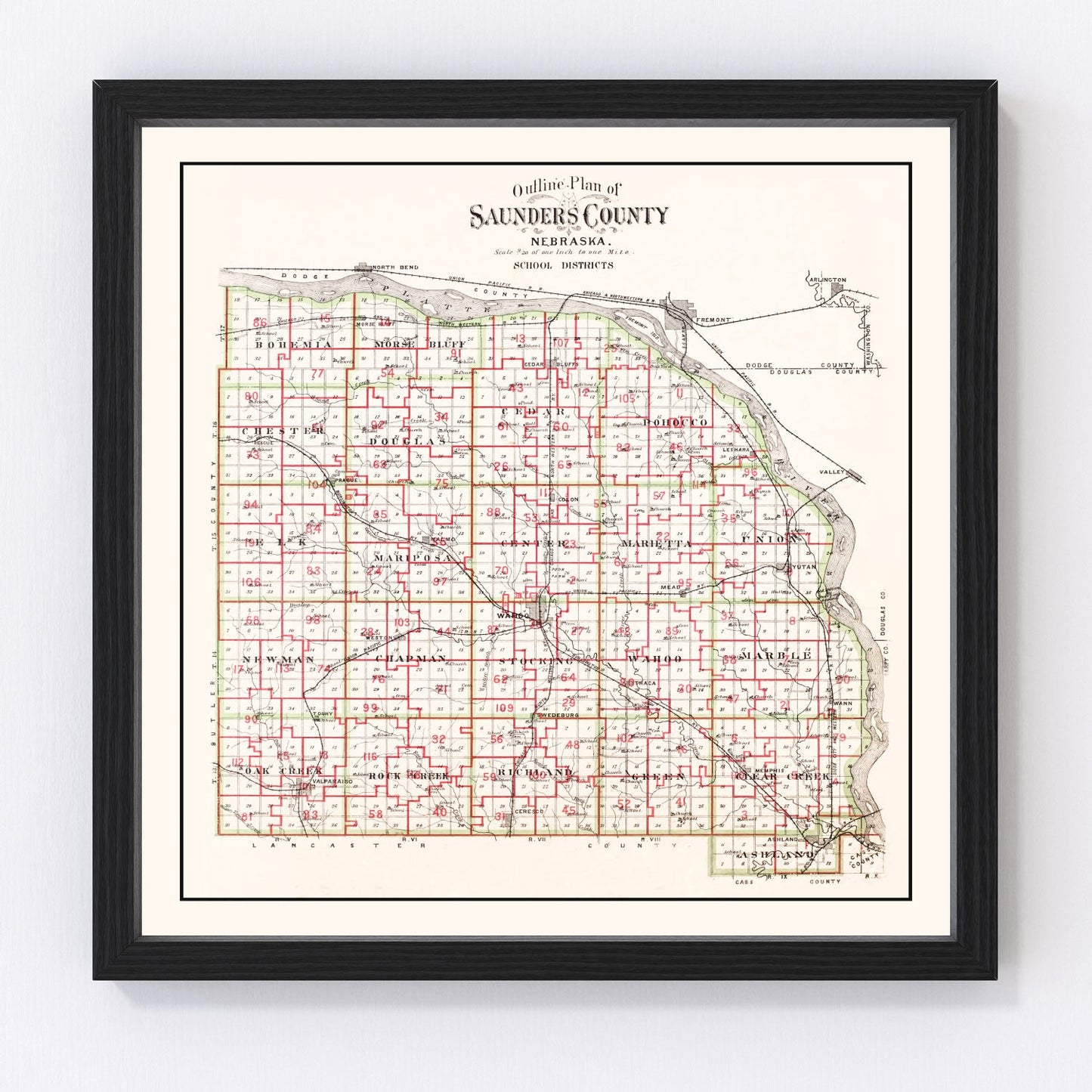 Vintage Map of Saunders County, Nebraska 1907 -Not available at Minden location-