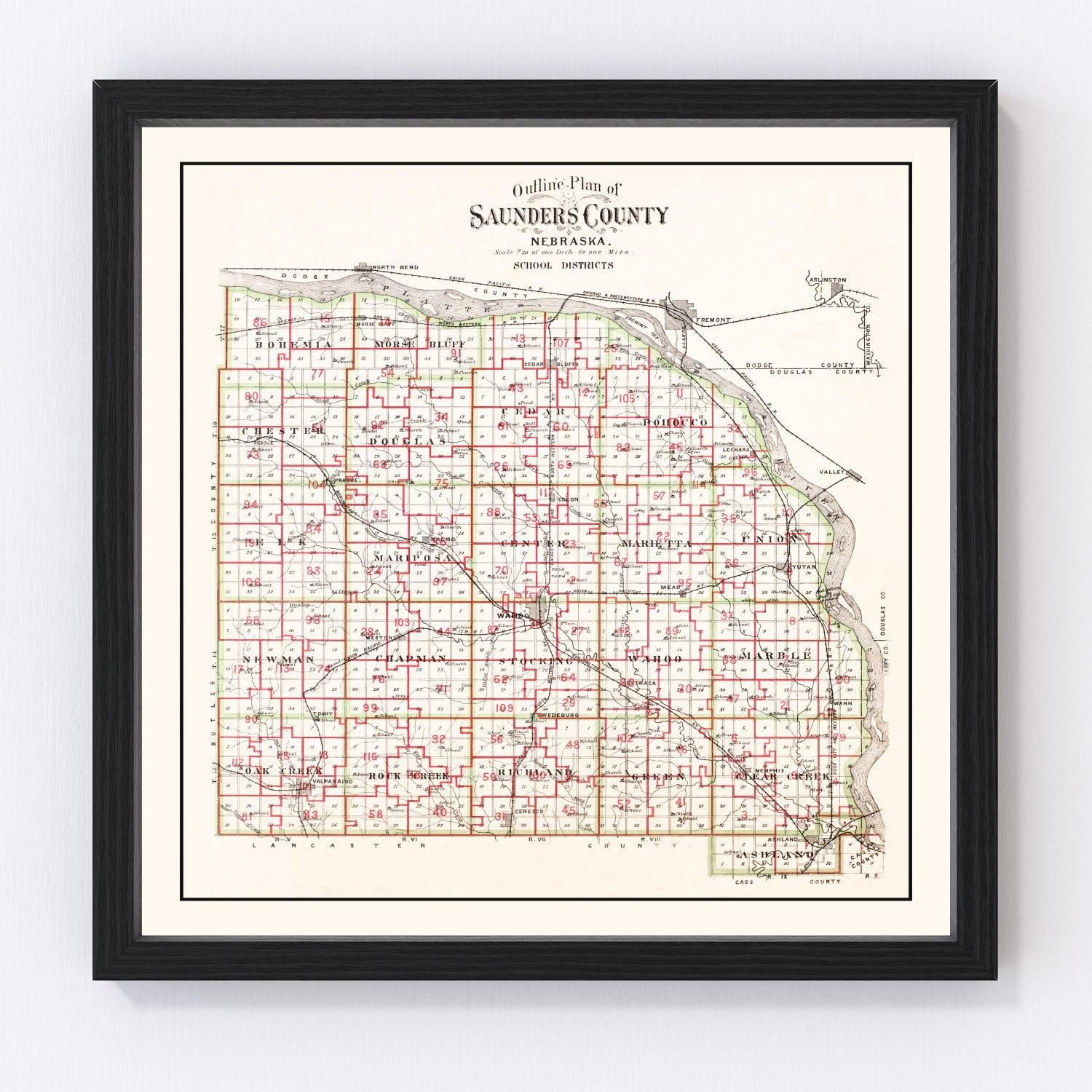 Vintage Map of Saunders County, Nebraska 1907 -Not available at Minden location-