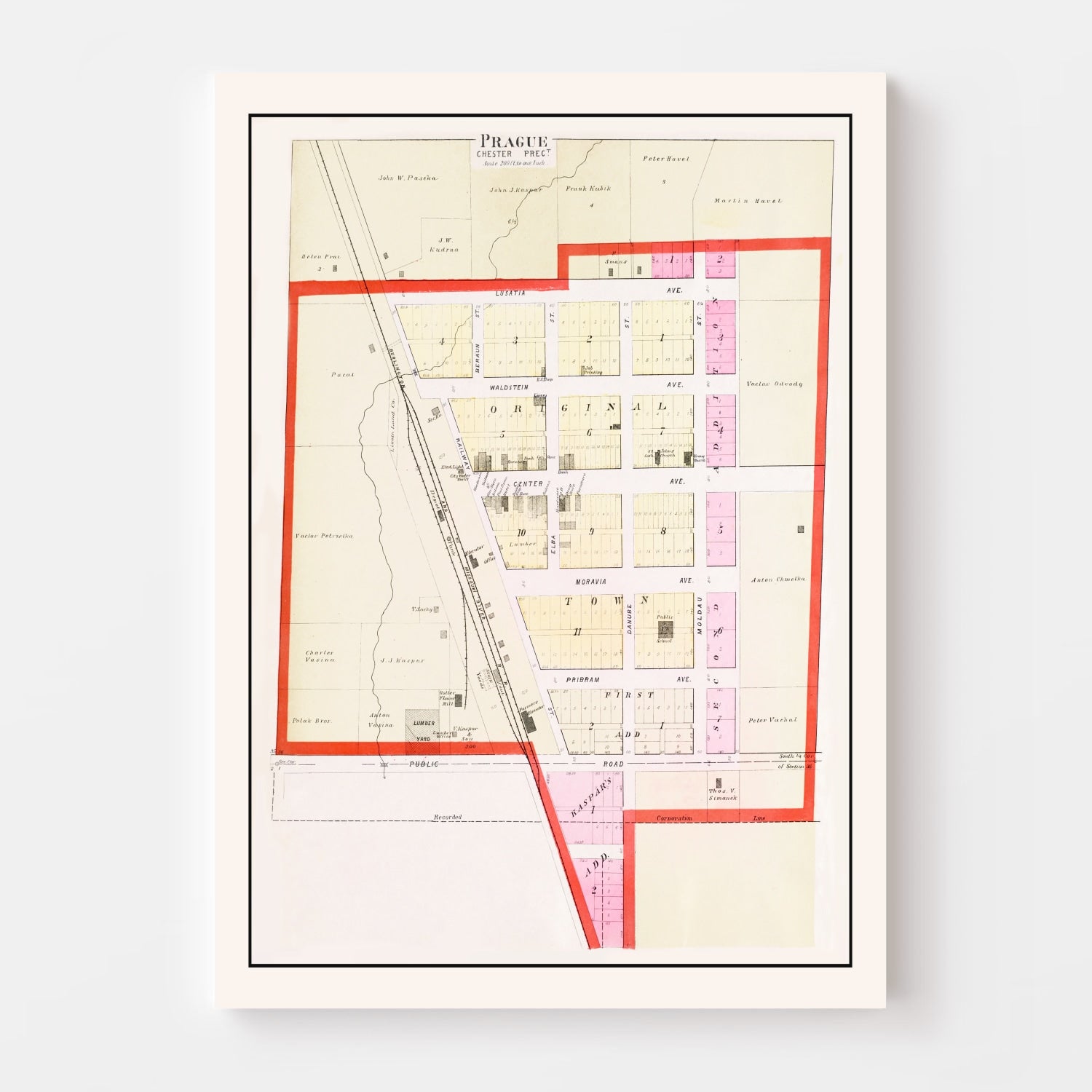 Vintage Map of Prague, Nebraska 1907 -Not available at Minden location-
