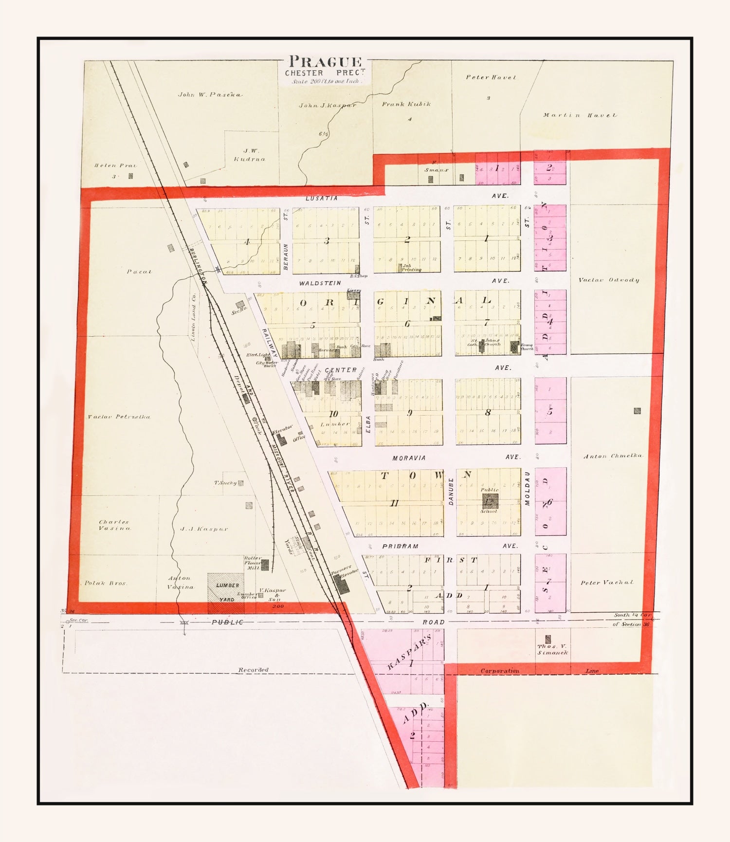 Vintage Map of Prague, Nebraska 1907 -Not available at Minden location-