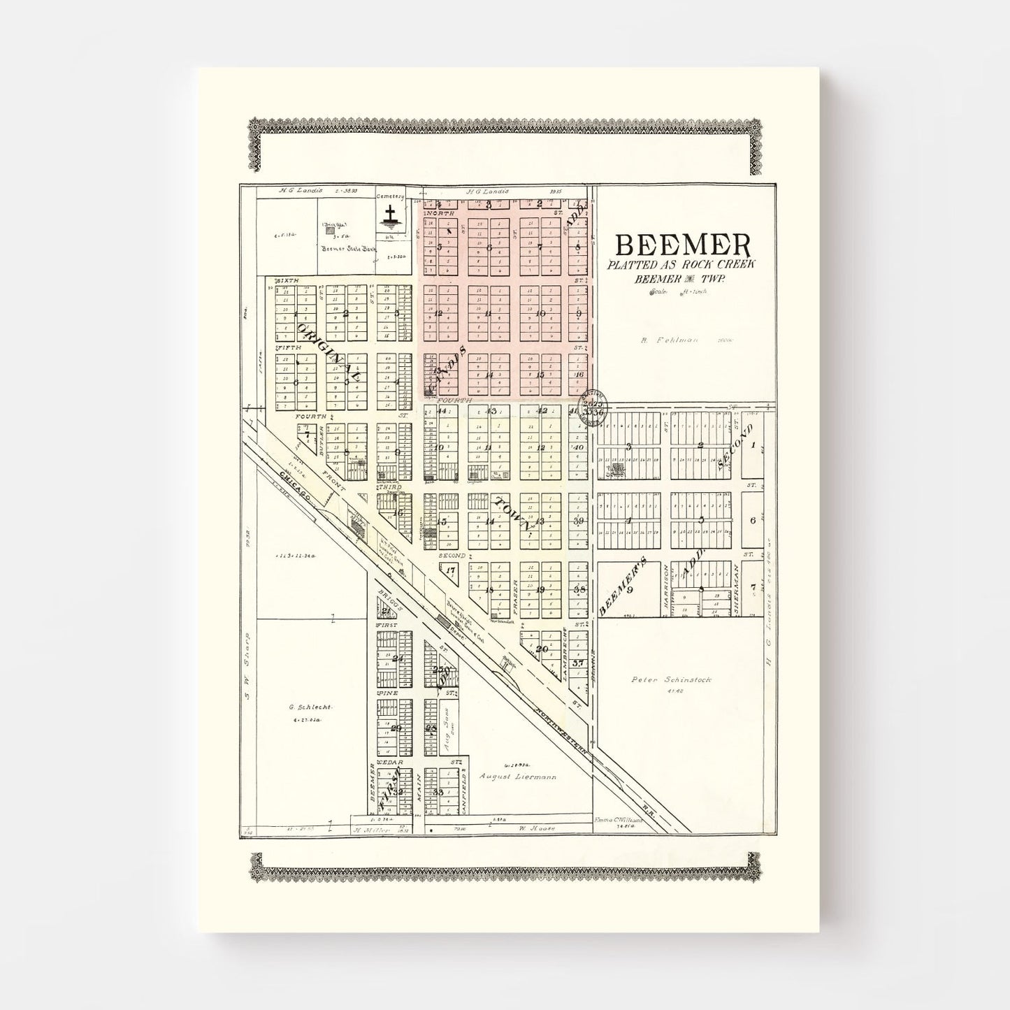 Vintage Map of Beemer, Nebraska 1908 -Not available at Minden location-
