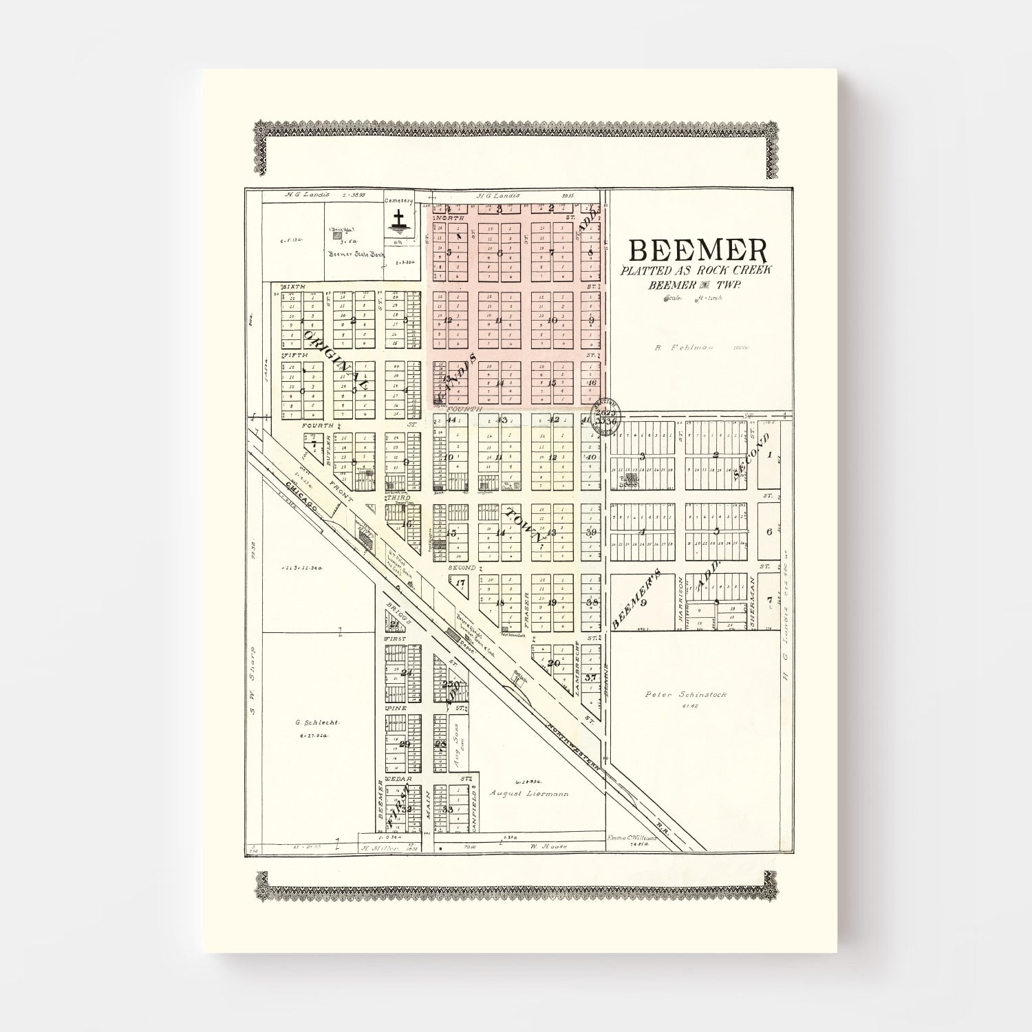 Vintage Map of Beemer, Nebraska 1908 -Not available at Minden location-