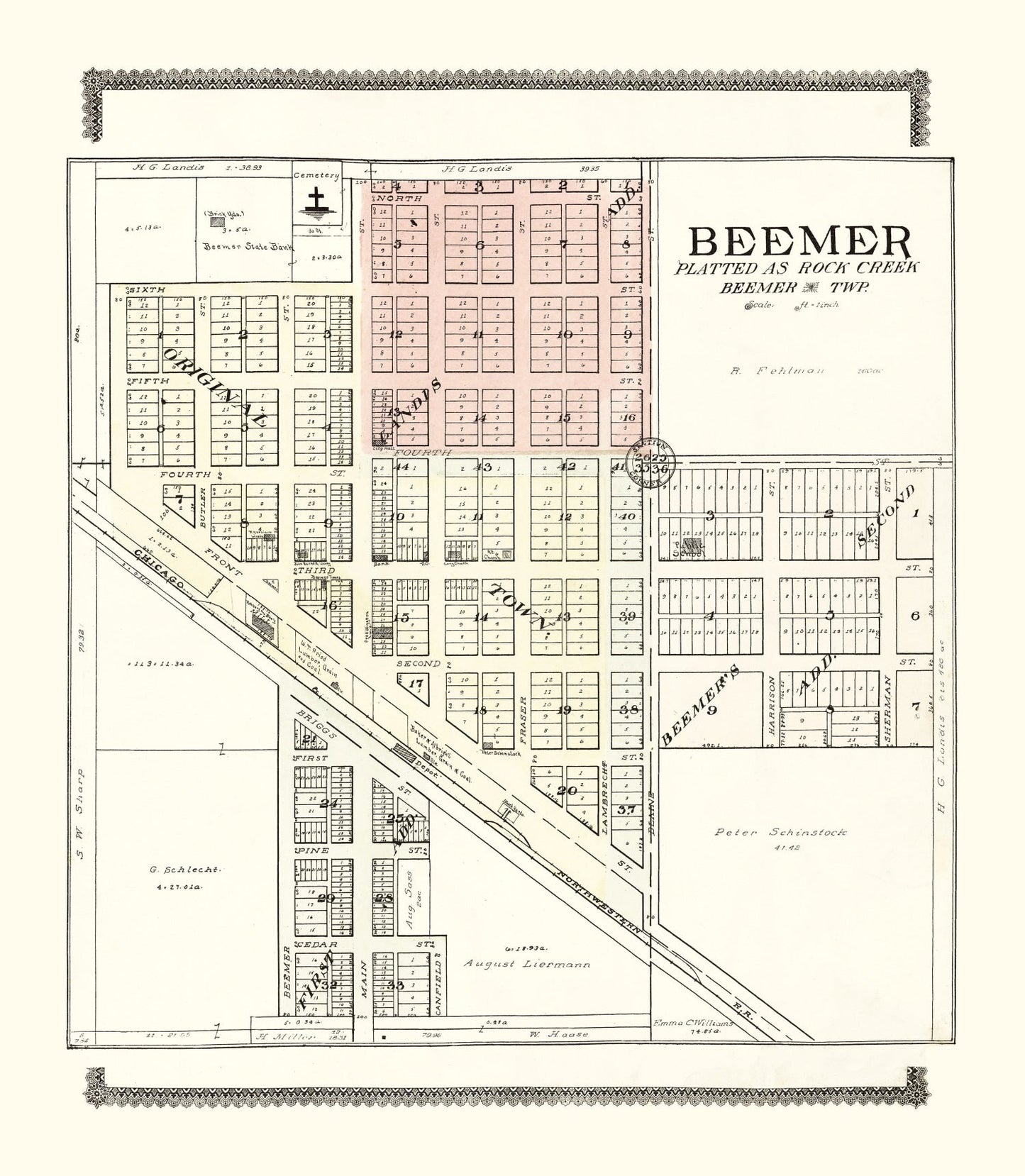 Vintage Map of Beemer, Nebraska 1908 -Not available at Minden location-