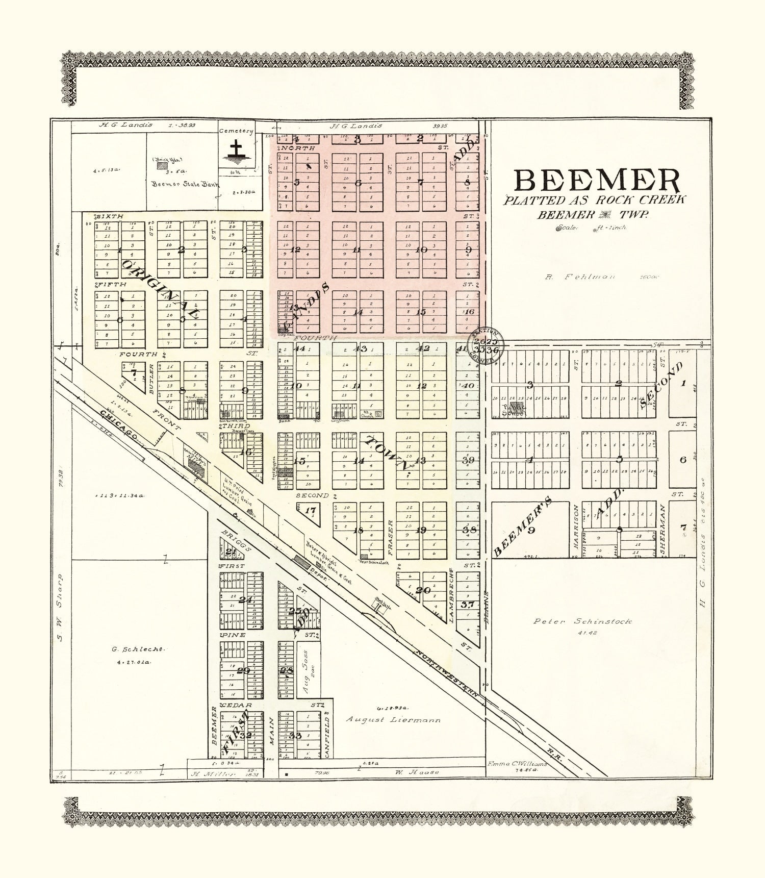 Vintage Map of Beemer, Nebraska 1908 -Not available at Minden location-