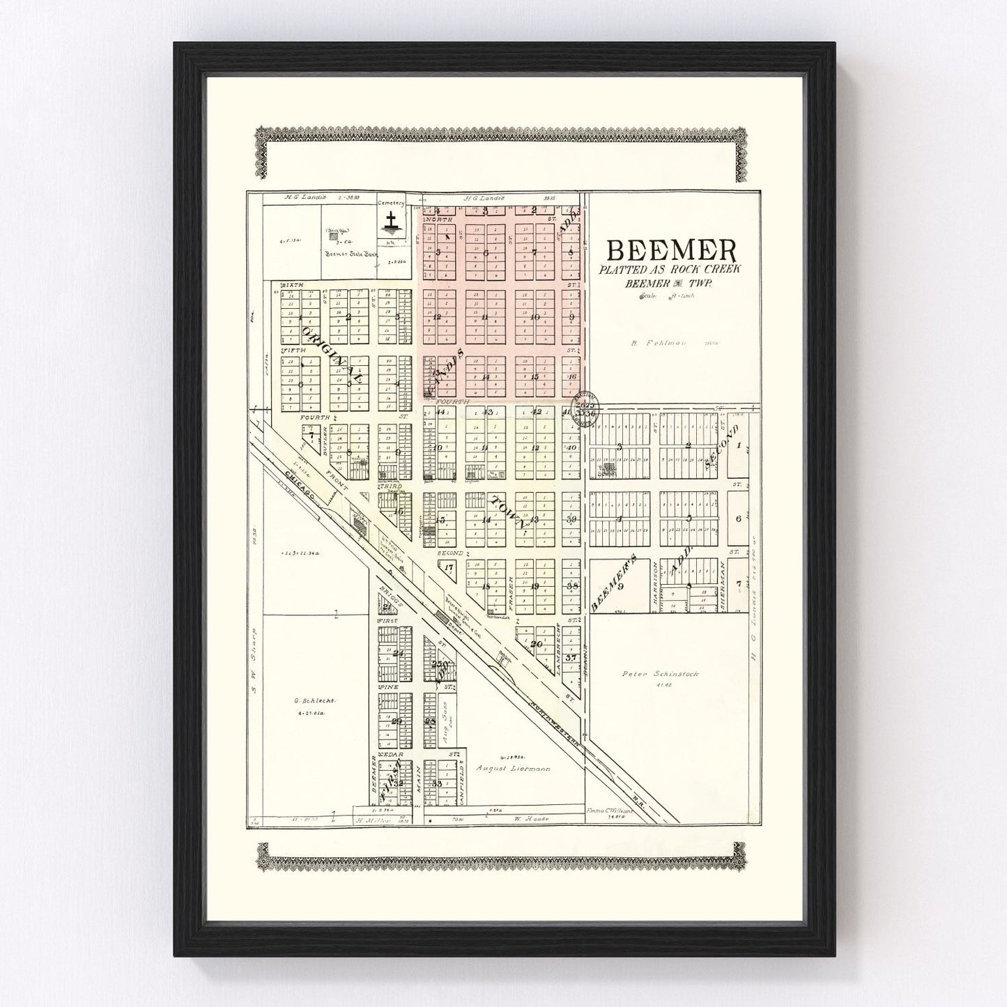 Vintage Map of Beemer, Nebraska 1908 -Not available at Minden location-