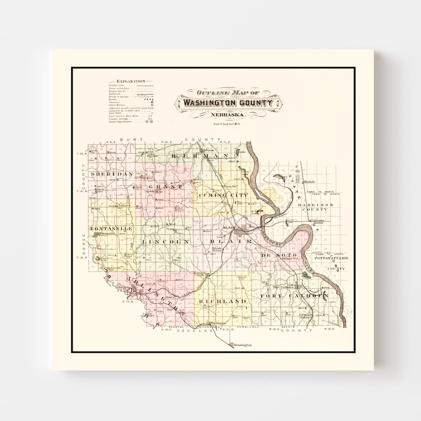 Vintage Map of Washington County, Nebraska 1908 -Not available at Minden location-