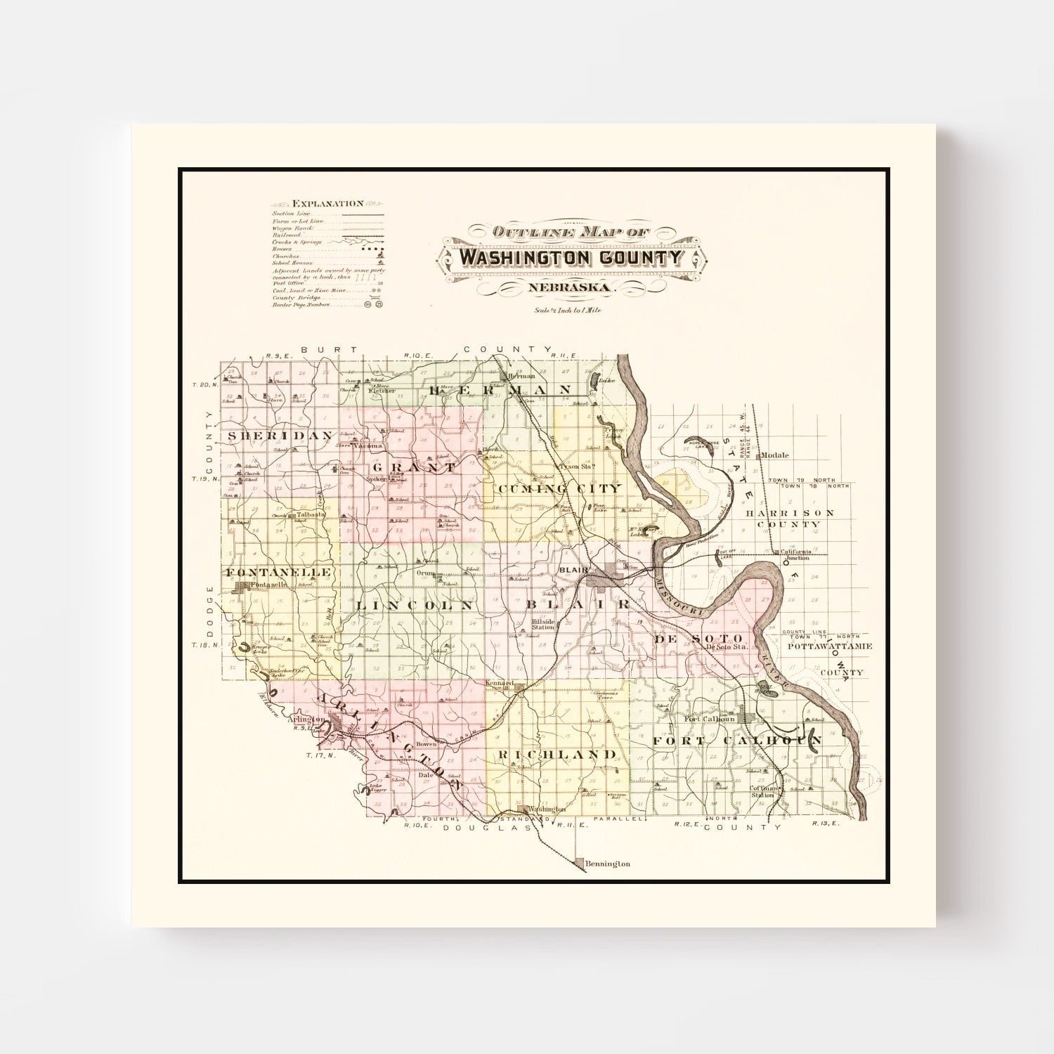 Vintage Map of Washington County, Nebraska 1908 -Not available at Minden location-