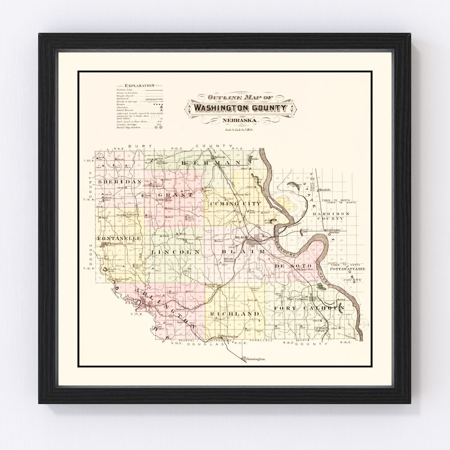 Vintage Map of Washington County, Nebraska 1908 -Not available at Minden location-