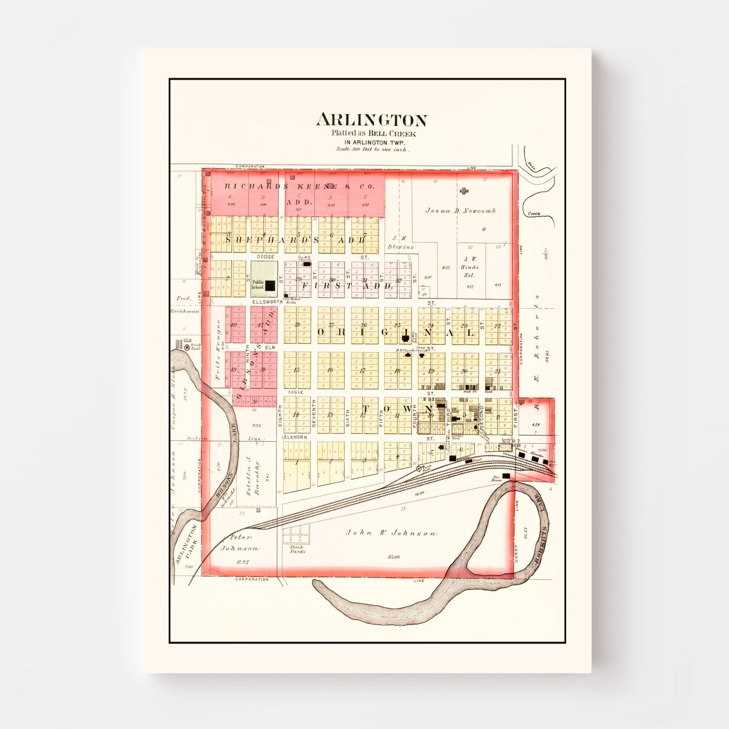Vintage Map of Arlington, Nebraska 1908 -Not available at Minden location-