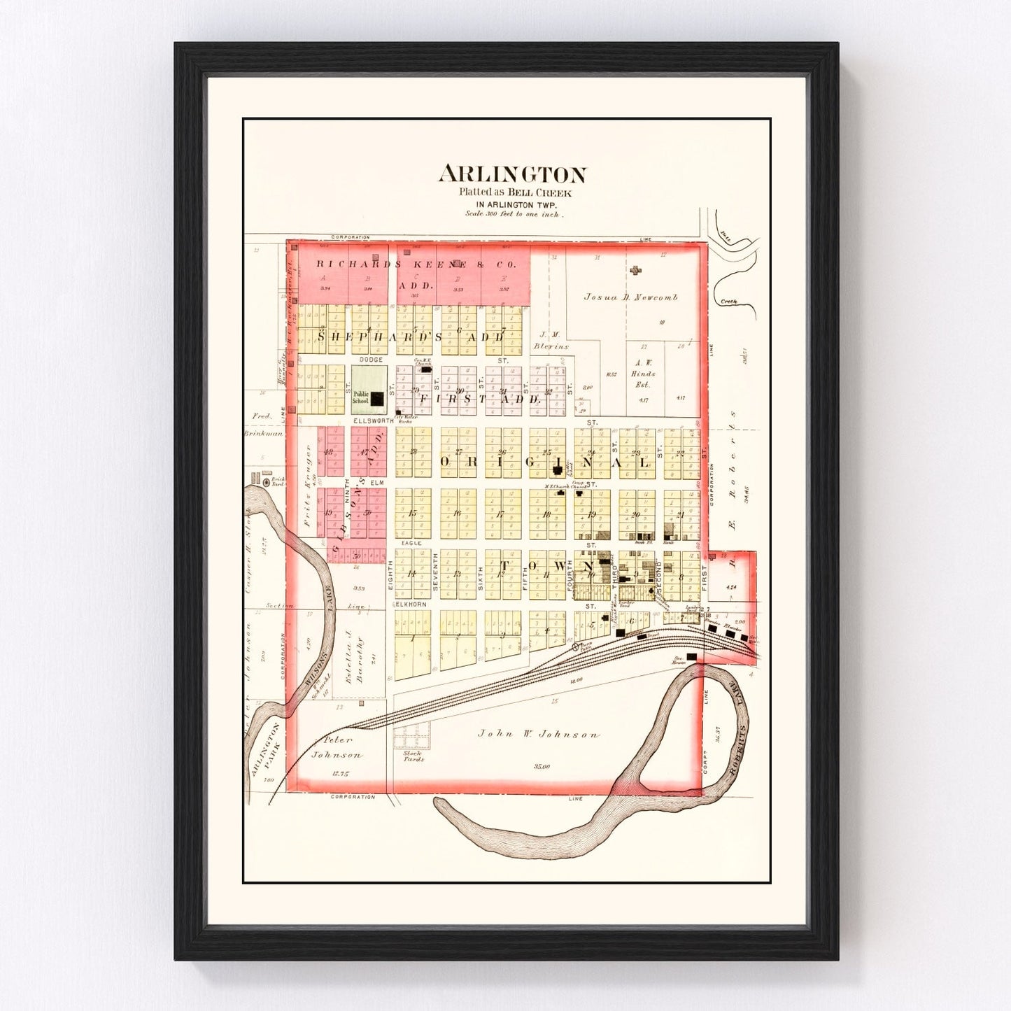 Vintage Map of Arlington, Nebraska 1908 -Not available at Minden location-