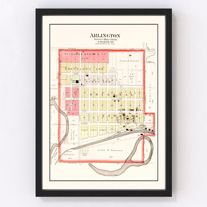 Vintage Map of Arlington, Nebraska 1908 -Not available at Minden location-
