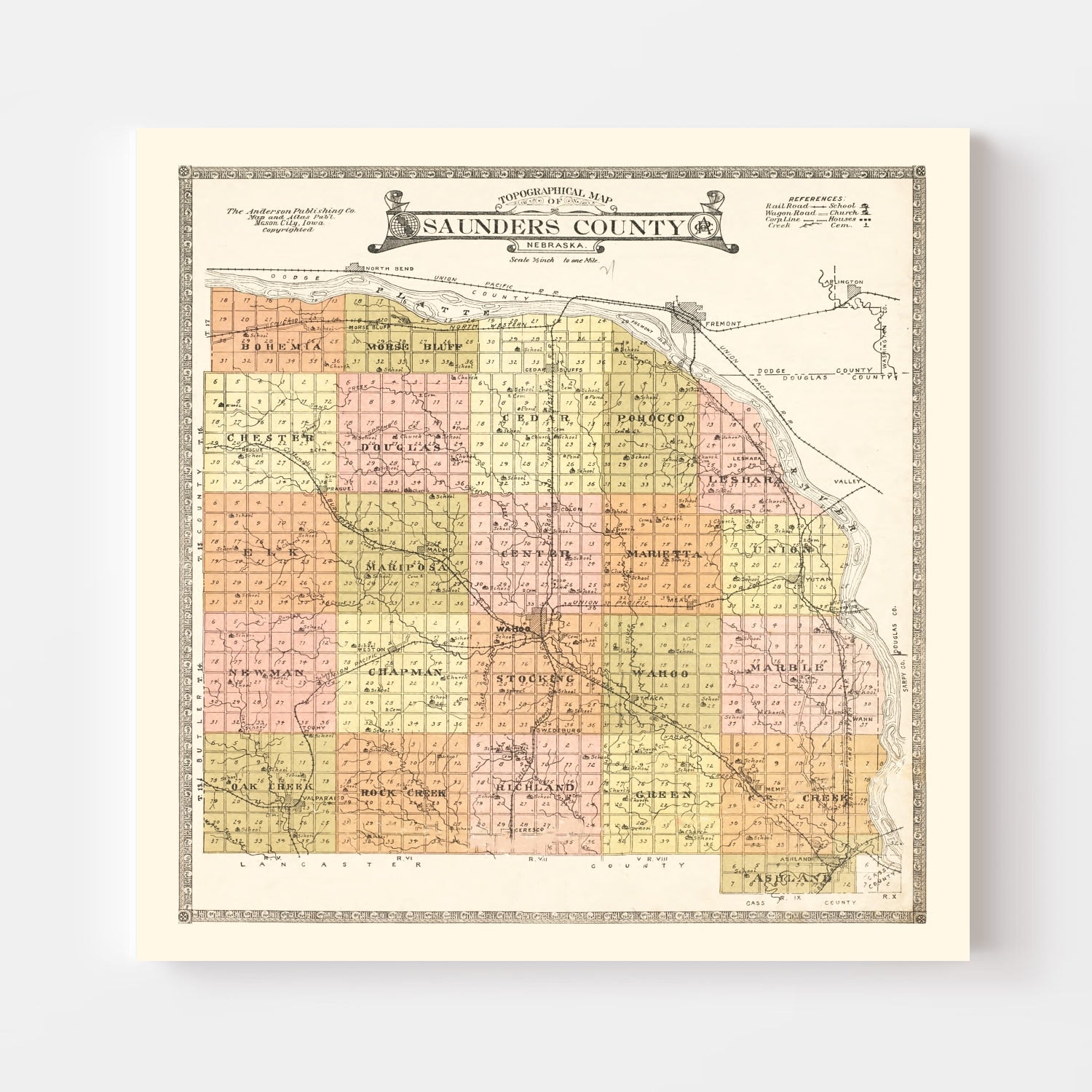 Vintage Map of Saunders County, Nebraska 1916 -Not available at Minden location-