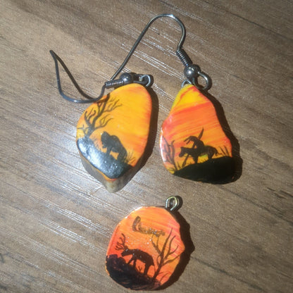 Hand-Painted Deer antler earrings and necklace pendent