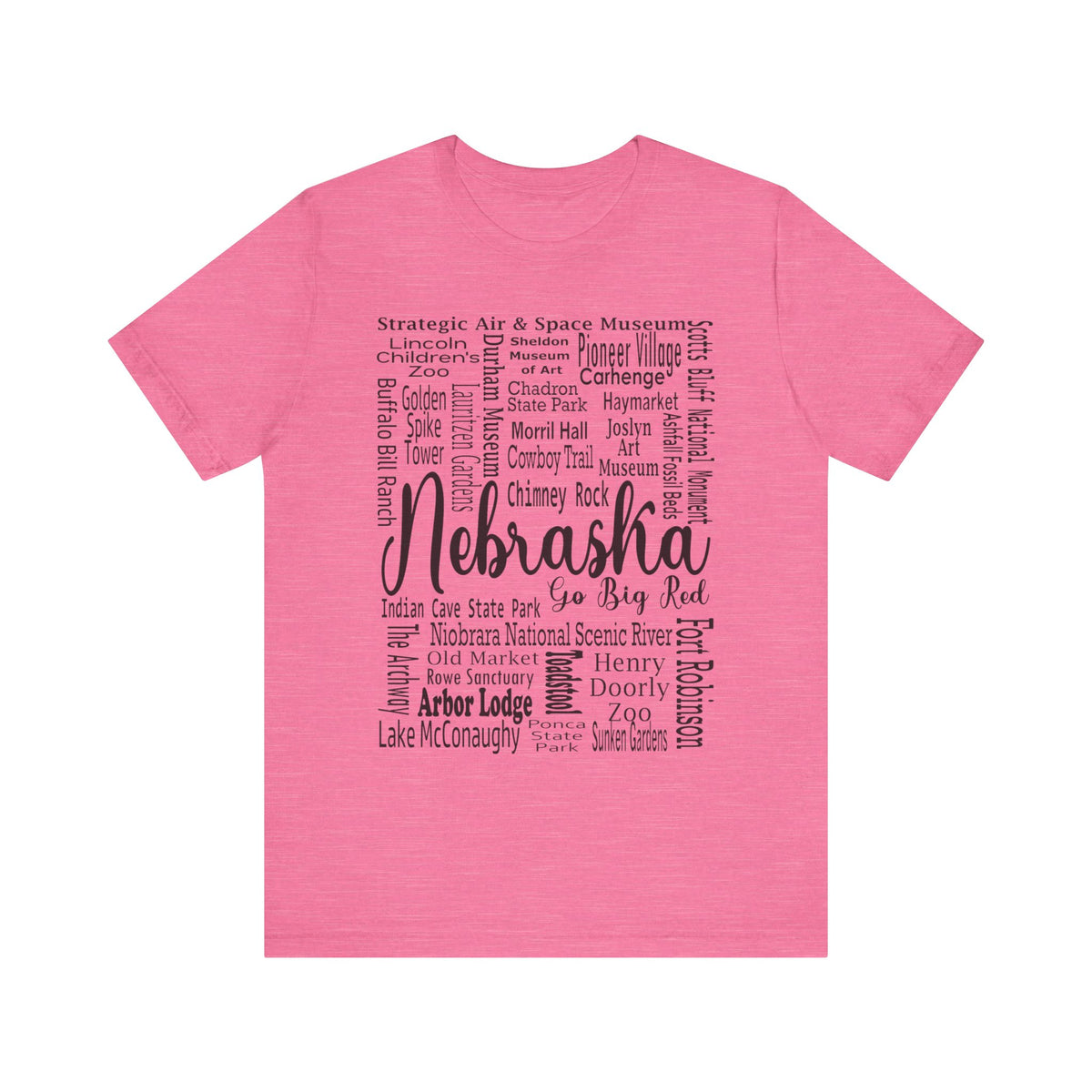 Nebraska Shirt – Landmarks Word Art Unisex Jersey Tee Heather Charity Pink