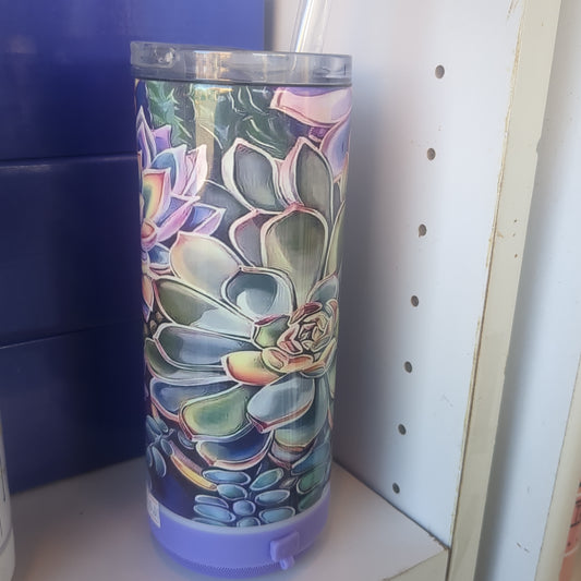 17 Oz Insulated Sstainless Steel Can Cooler Top and Tumbler Top with Purple, Rechargeable, Removeable Speaker Succulents st9