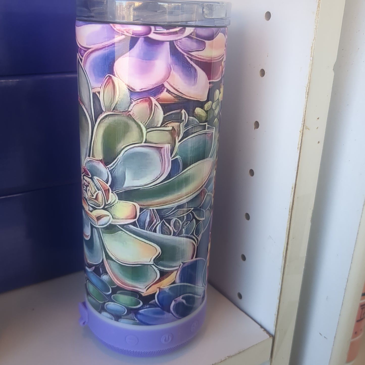 17 Oz Insulated Sstainless Steel Can Cooler Top and Tumbler Top with Purple, Rechargeable, Removeable Speaker Succulents st9