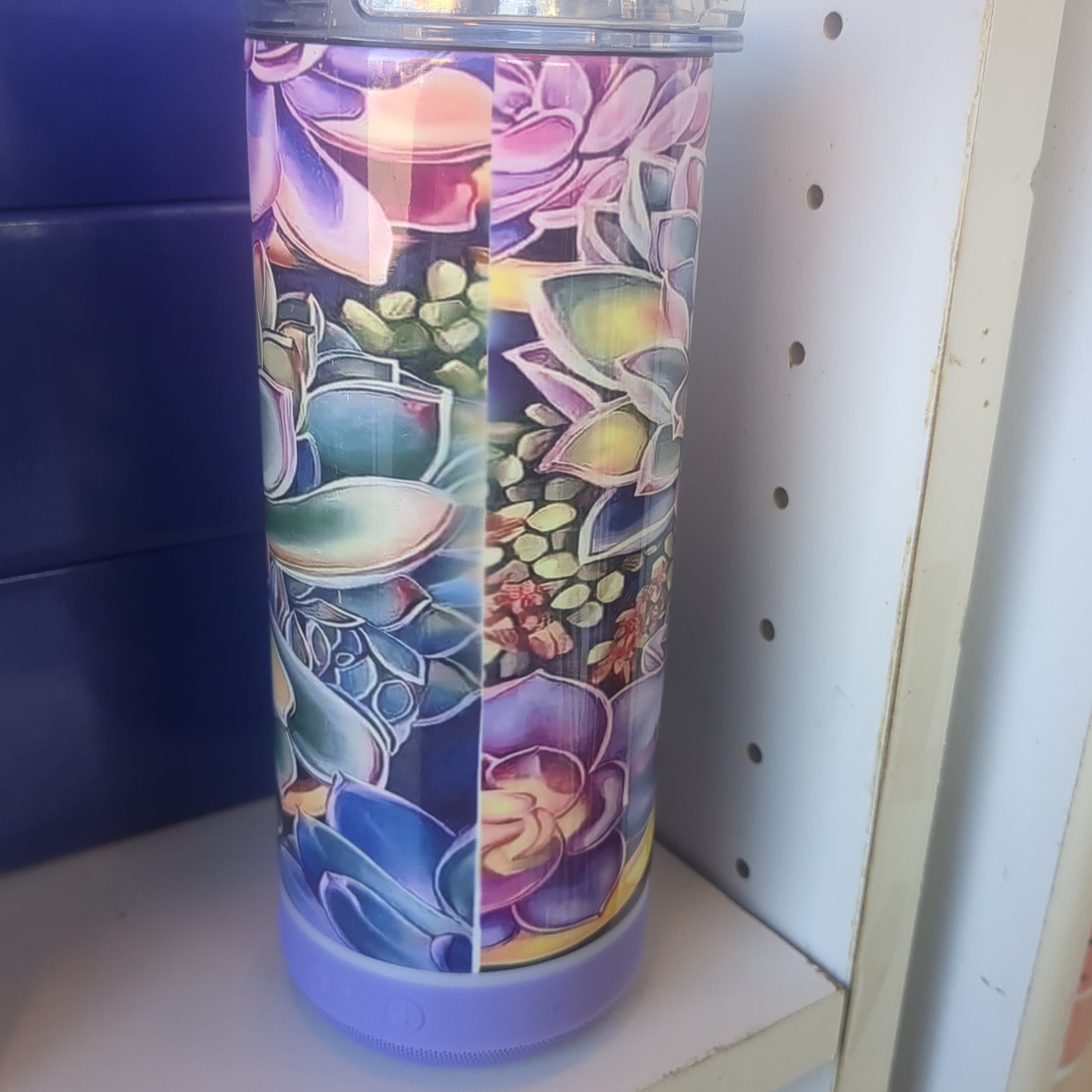17 Oz Insulated Sstainless Steel Can Cooler Top and Tumbler Top with Purple, Rechargeable, Removeable Speaker Succulents st9