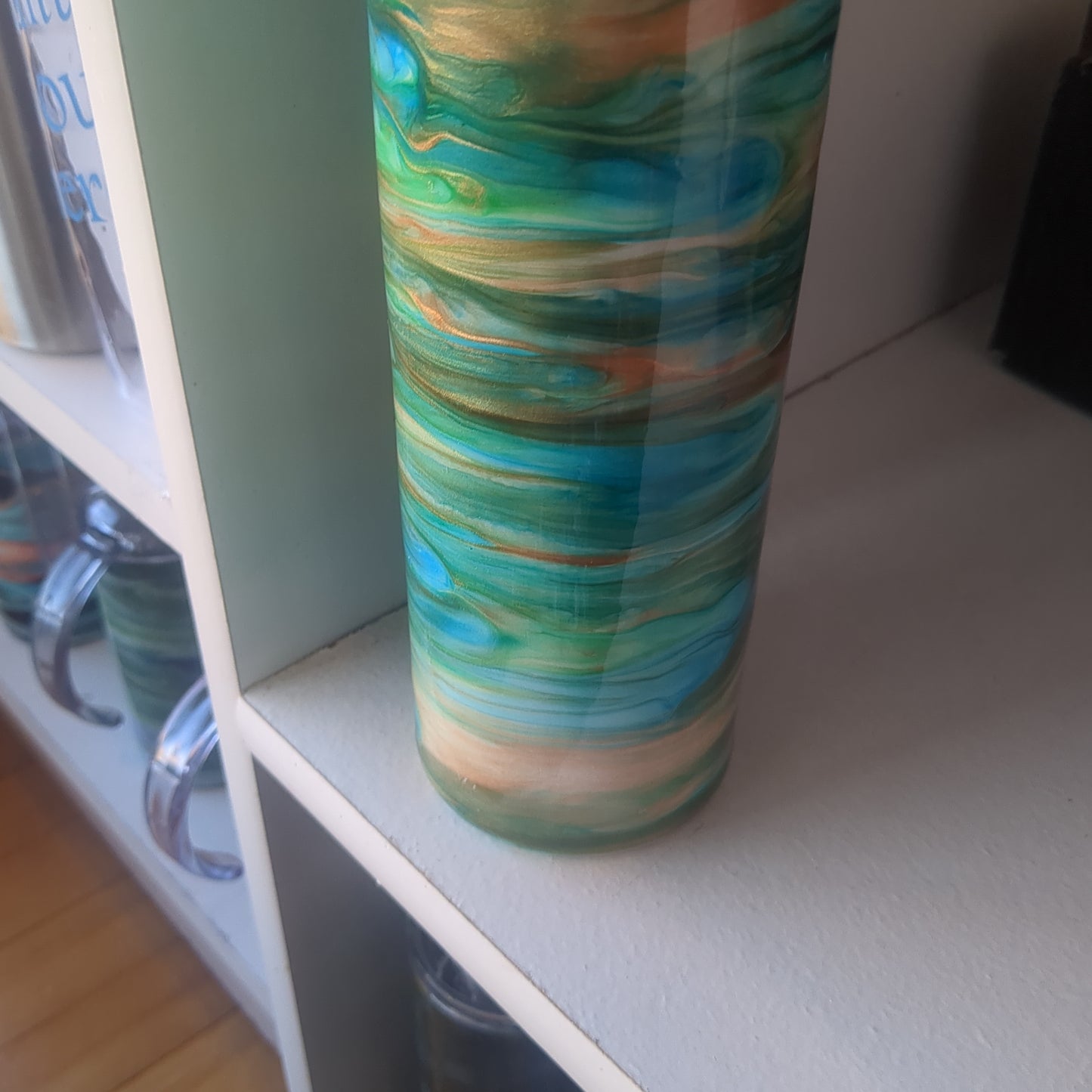 30 ounce stainless steel insulated alcohol ink art Tumbler blue, copper, aqua, green with 2 Lids. AS IS CLEARANCE ai13