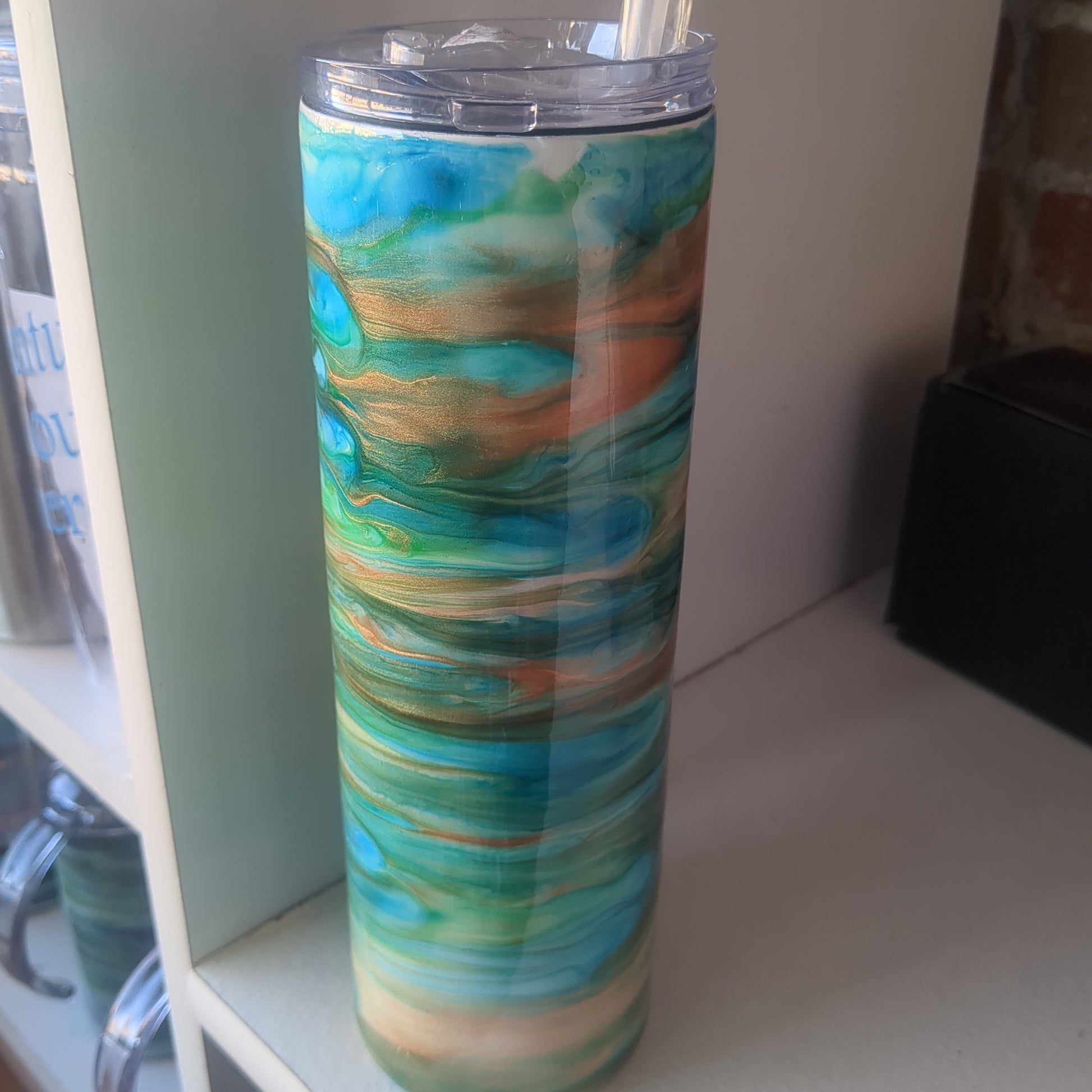 30 ounce stainless steel insulated alcohol ink art Tumbler blue, copper, aqua, green with 2 Lids. AS IS CLEARANCE ai13