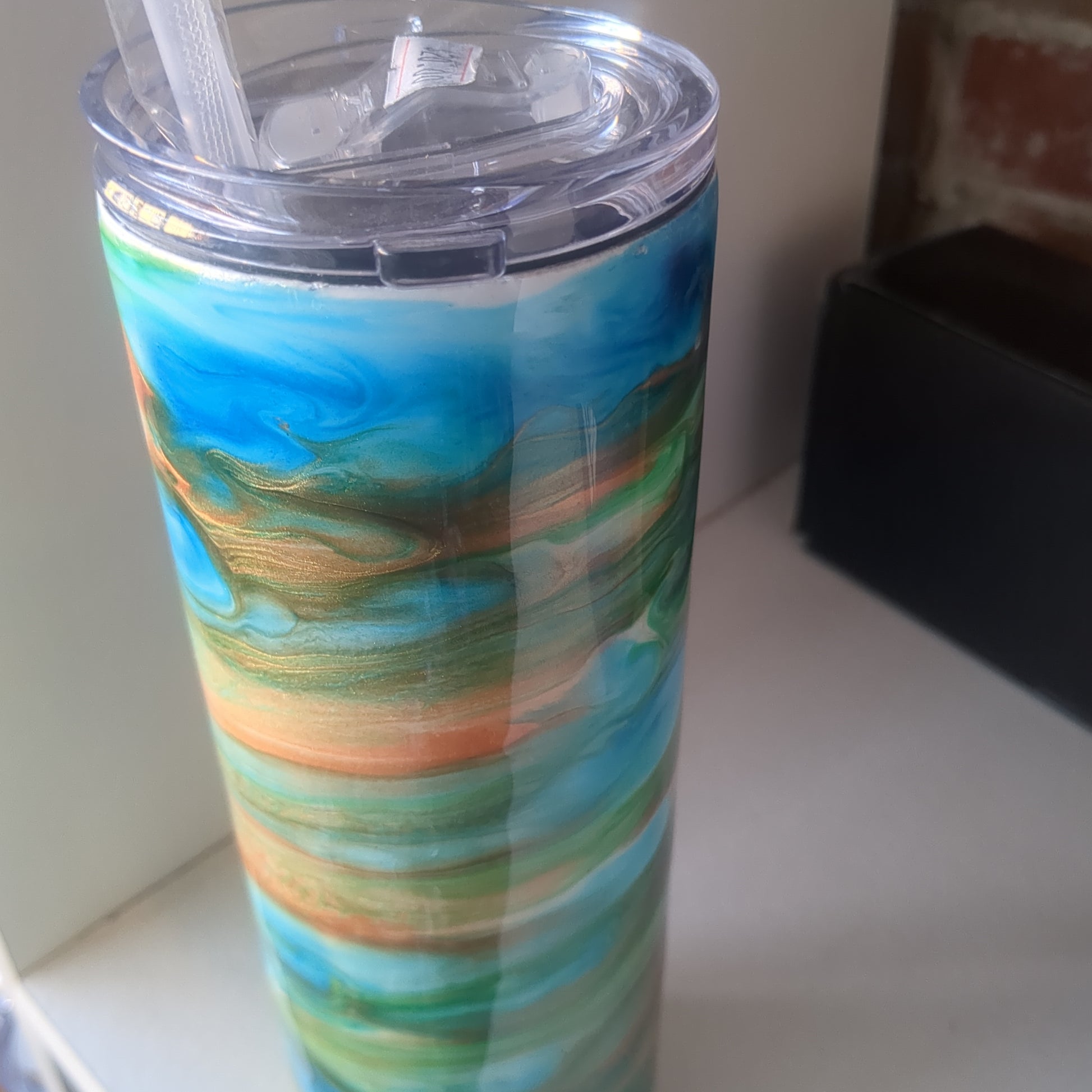 30 ounce stainless steel insulated alcohol ink art Tumbler blue, copper, aqua, green with 2 Lids. AS IS CLEARANCE ai13