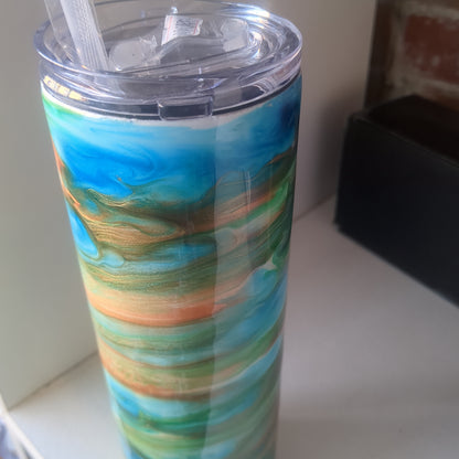 30 ounce stainless steel insulated alcohol ink art Tumbler blue, copper, aqua, green with 2 Lids. AS IS CLEARANCE ai13