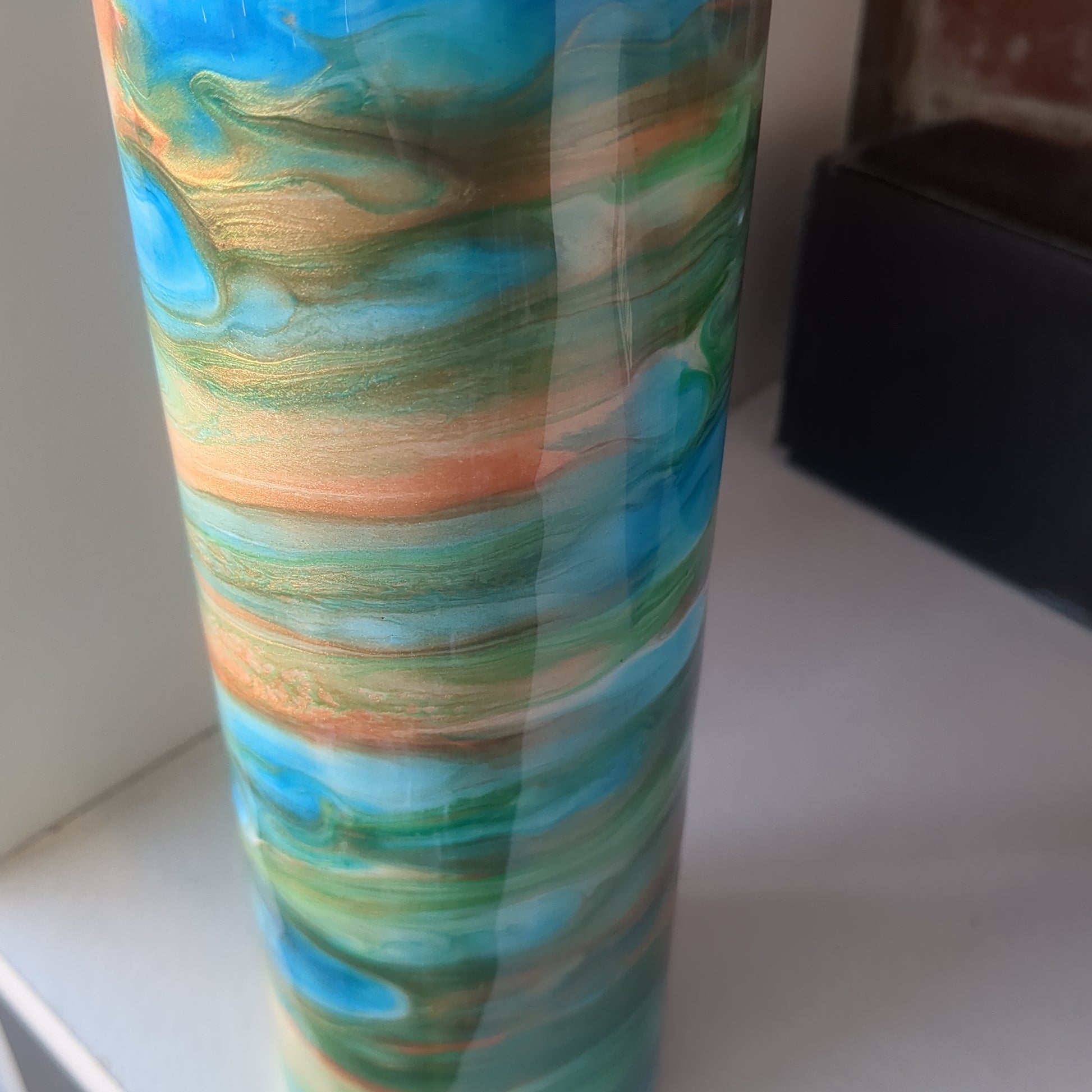 30 ounce stainless steel insulated alcohol ink art Tumbler blue, copper, aqua, green with 2 Lids. AS IS CLEARANCE ai13