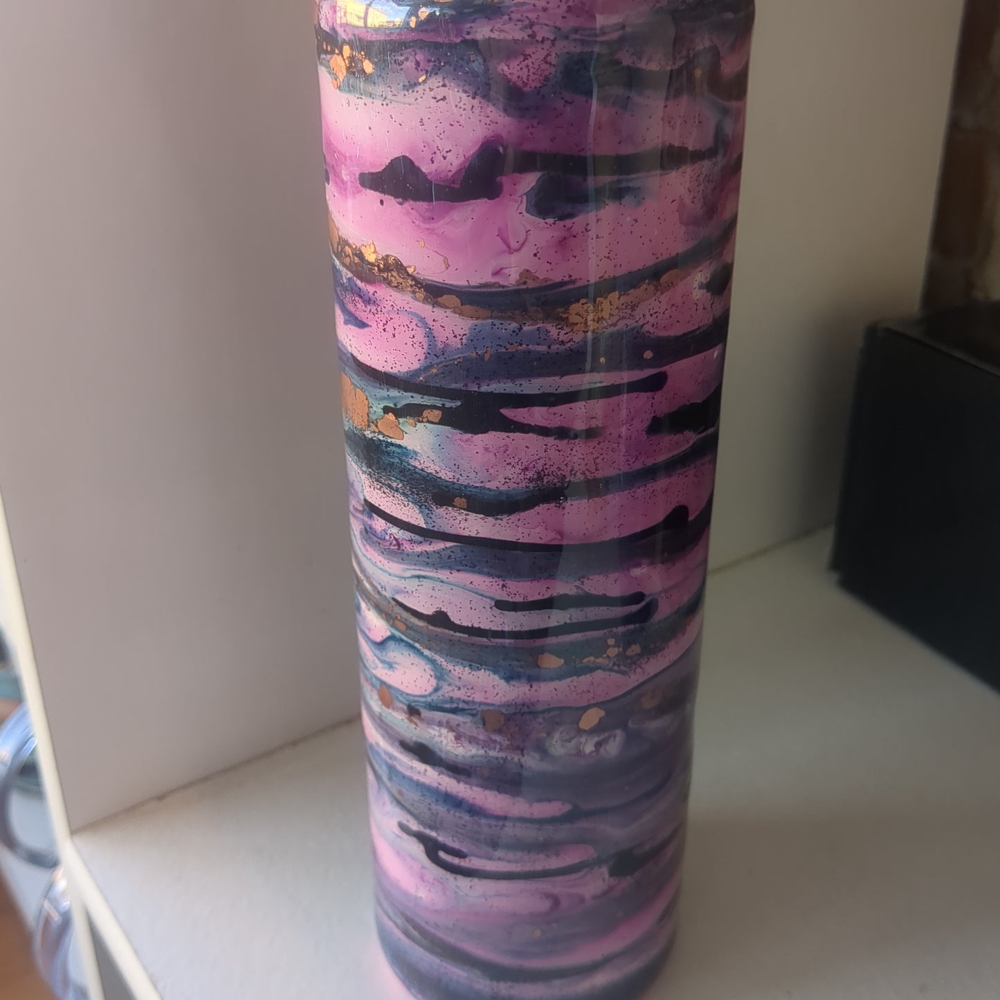 30 oz insulated stainless steel Tumbler Cratted with Resin and alcohol ink pink, copper, blue Has Flaws, bumps in Resin AS IS CLEARANCE ai18