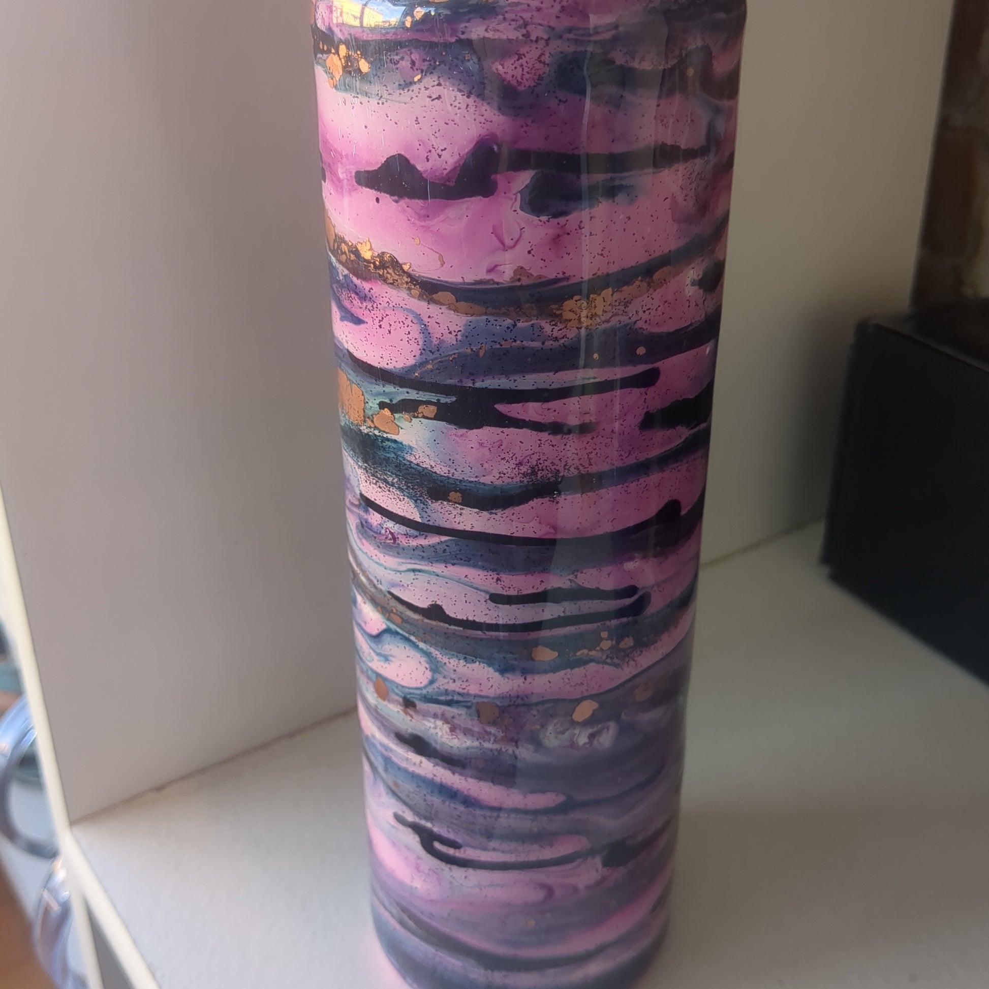 30 oz insulated stainless steel Tumbler Cratted with Resin and alcohol ink pink, copper, blue Has Flaws, bumps in Resin AS IS CLEARANCE ai18