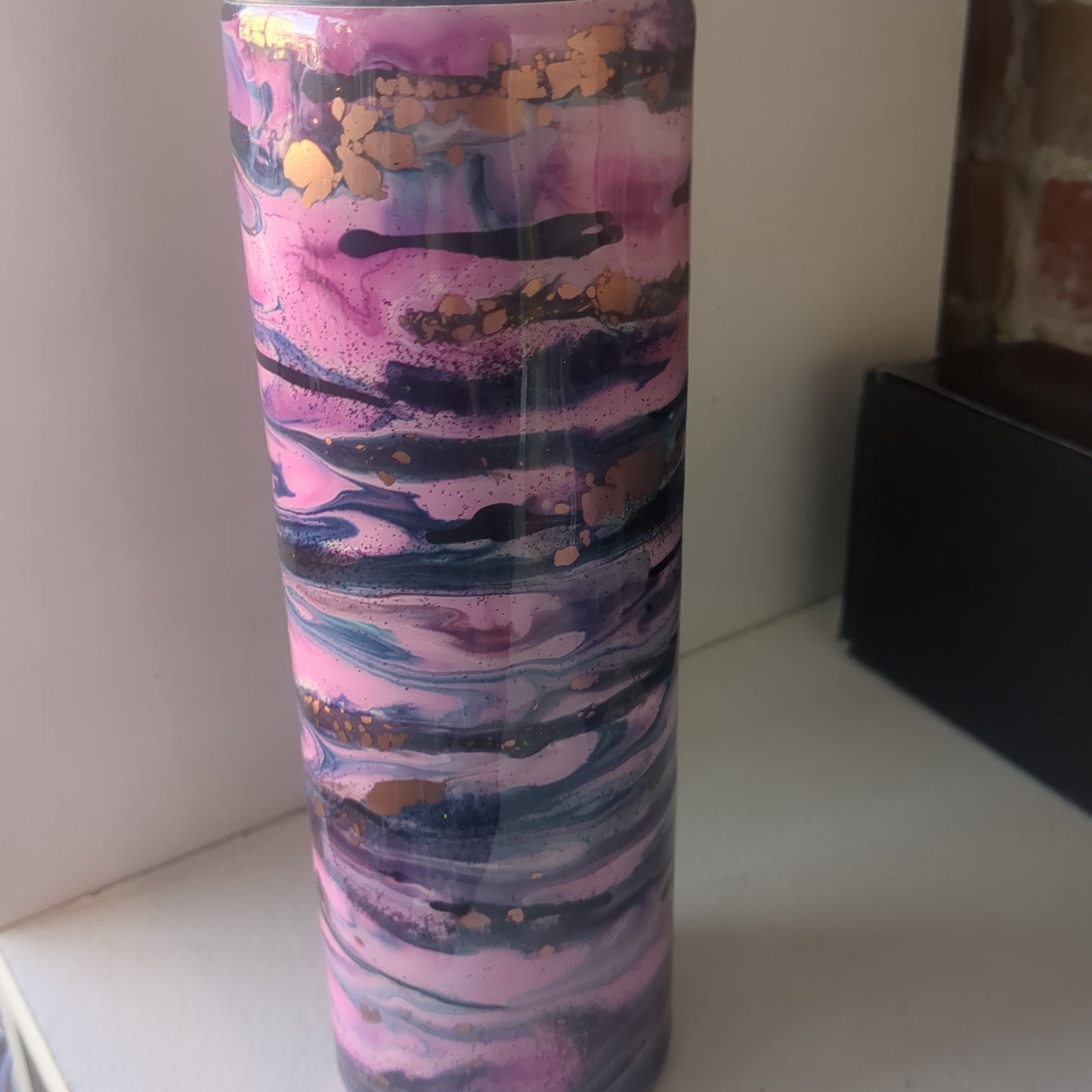 30 oz insulated stainless steel Tumbler Cratted with Resin and alcohol ink pink, copper, blue Has Flaws, bumps in Resin AS IS CLEARANCE ai18