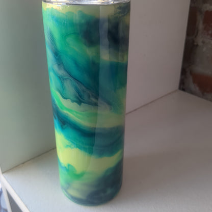 20 ounce stainless steel, Insulated, alcohol ink art Tumbler greens and blues AS IS CLEARANCE ai1