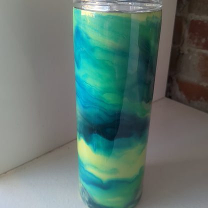 20 ounce stainless steel, Insulated, alcohol ink art Tumbler greens and blues AS IS CLEARANCE ai1
